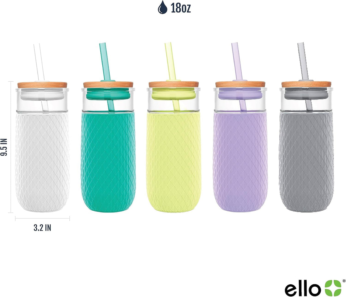 Ello Devon 18oz Glass Tumbler with Straw & Bamboo Lid for Iced Coffee, Pink