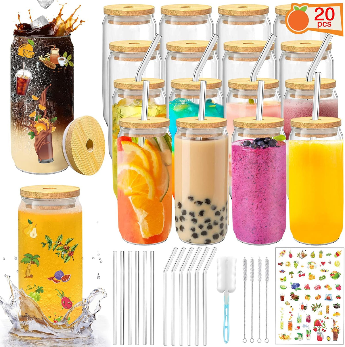 PeacePeo 16 OZ Glass Cups with Lids and Straws 20 Pack