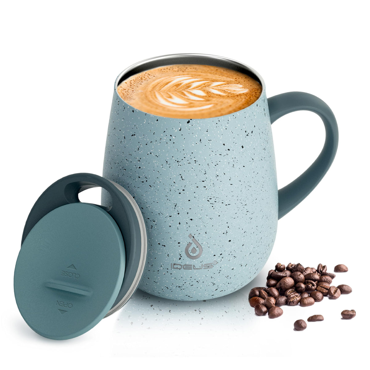 Ideus 16 oz Insulated Coffee Mug with Lid and Handle (Celadon, FUJI DAWN)