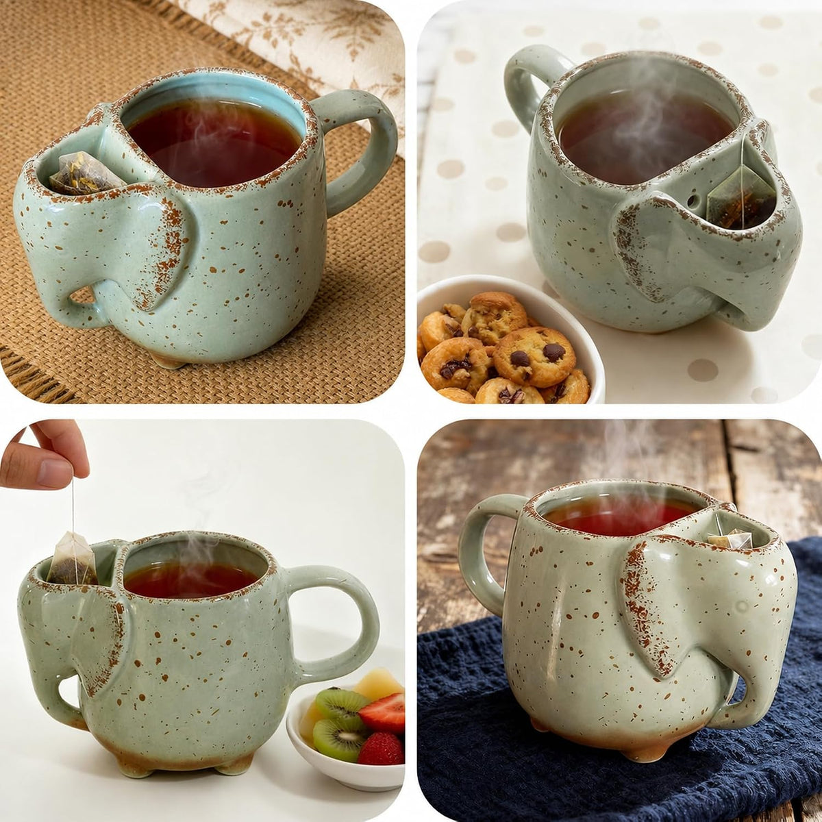 Elephant Mugs Unique Tea Mug for Women Tea Lover Ceramic Green 15 oz