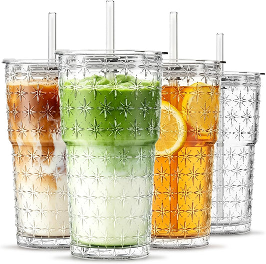 INSETLAN 20 oz Iced Coffee Cups with Lids and Straw, Set of 4 Glass Tumbler
