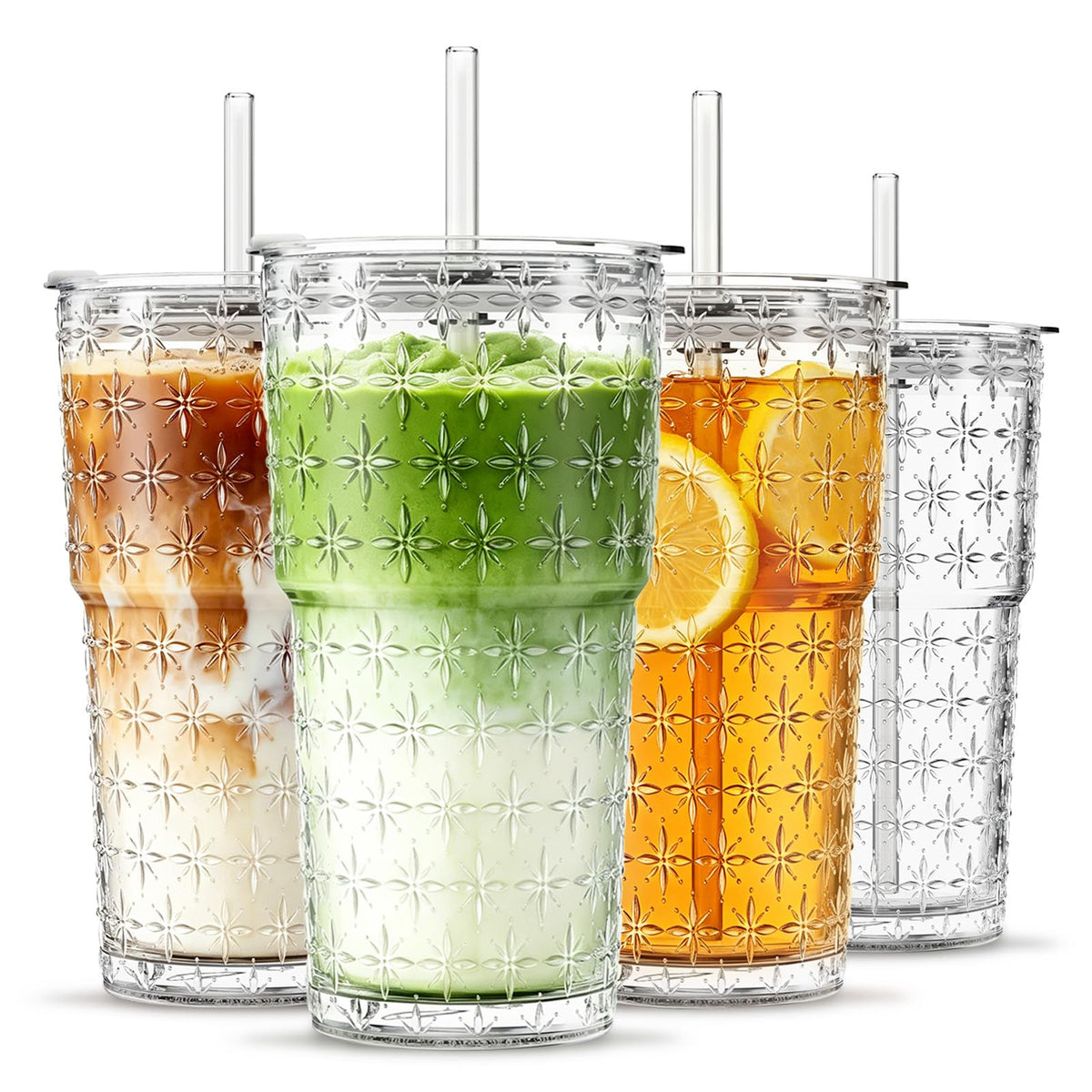 INSETLAN 20 oz Iced Coffee Cups with Lids and Straw, Set of 4 Glass Tumbler