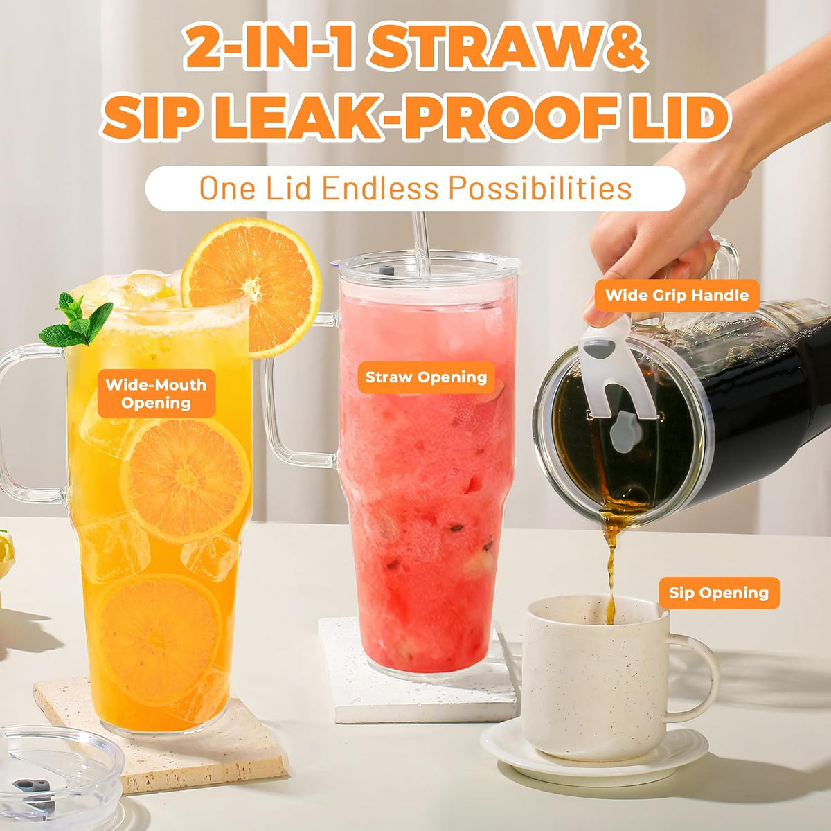 Birity 2Pack 40OZ Glass Tumbler with Handle,Glass Cup with Lid and Straw,Reusable Glass Iced Coffee Cup for Beer, Smoothies, Juice,Hot/Cold Drinks-Suitable for Birthday,Wedding