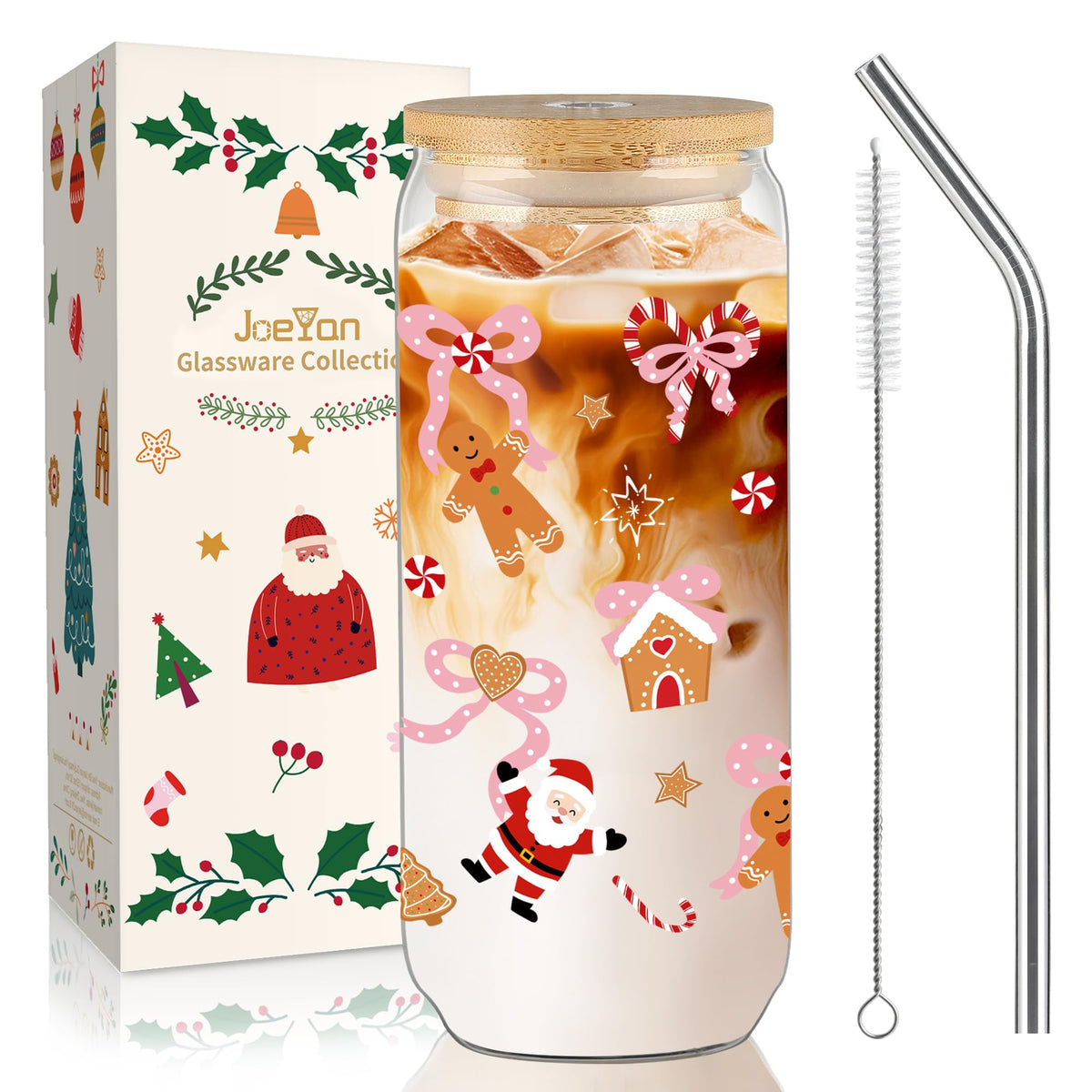 Joeyan Pink Halloween Glass Cups, Glass Tumbler with Lids and Straws, Cute Ghost Pumpkin Iced Coffee Cup, Reusable Soda Can Shaped Smoothie Drinking Glass, Halloween Gifts for Women, 20 oz
