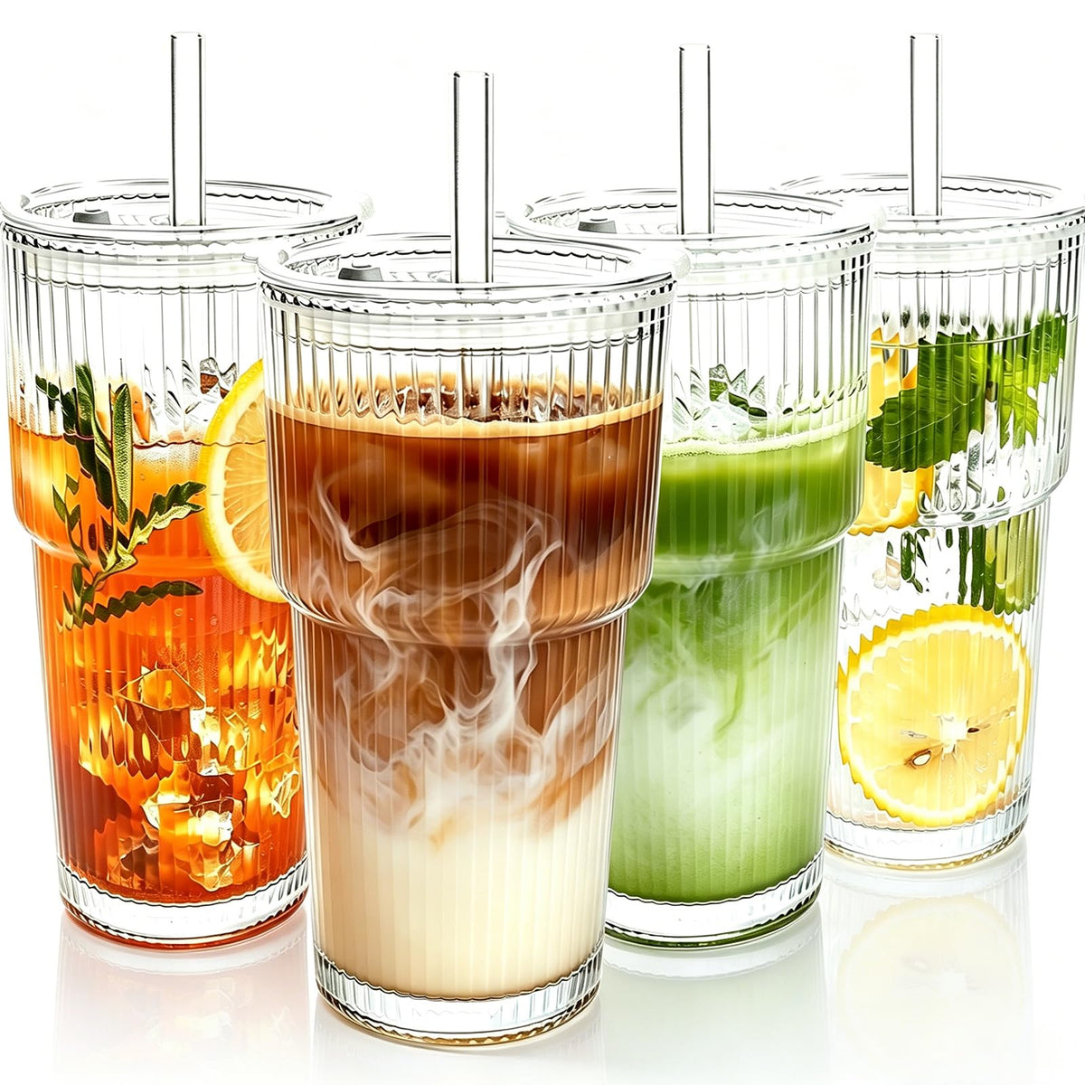 2PCS 20oz Glass Cups with Lids and Straws, Iced Coffee Cups with Lids, Stylish Ribbed Thick Drinking Glasses Tumbler for Juice, Smoothies, Cold Beverages, Cute Cup Gifts with Clean Brush