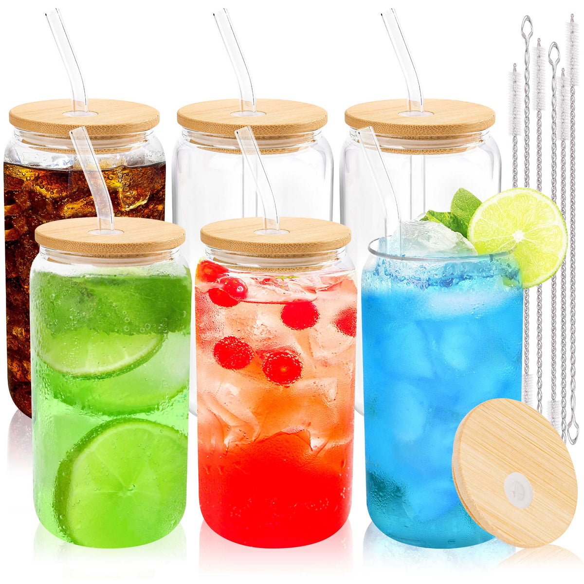 Joyclub 8pcs 16Oz Glass Cups with Bamboo Lids and Straws Drinking Glasses