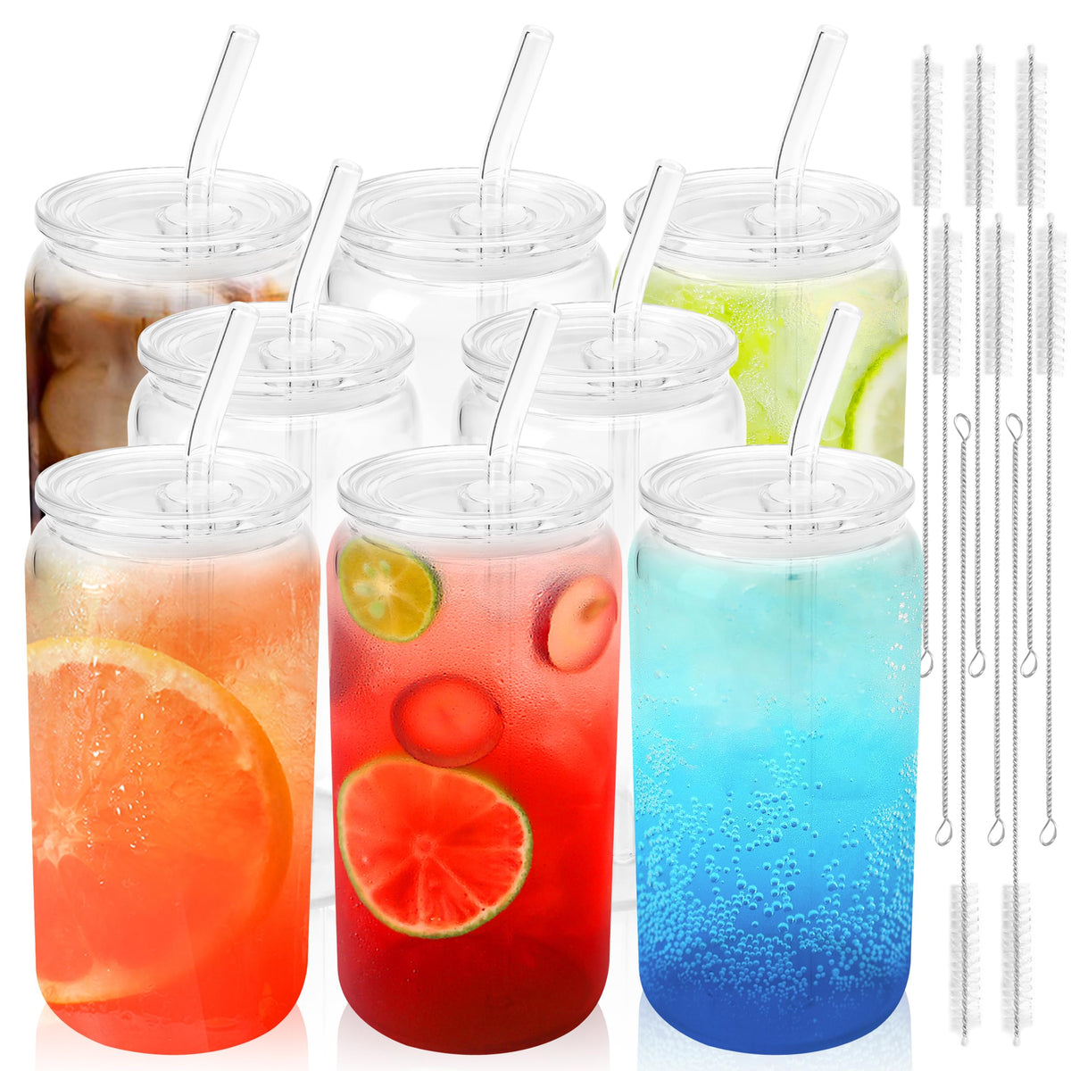 Joyclub 8pcs 16Oz Glass Cups with Acryic Lids and Straws Drinking Glasses