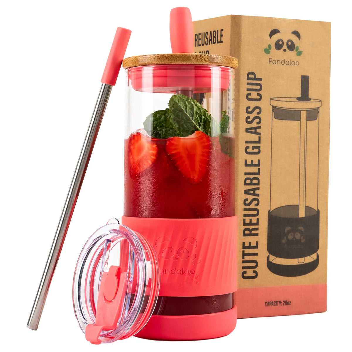 Pandaloo® Glass Cups With Lids and Straws -20 Fl Oz- Perfect Size Iced Coffee Cup - Smoothie Cup With Bamboo Lid and On the go Lid (Creamy Mushroom, 1 Count (Pack of 1)