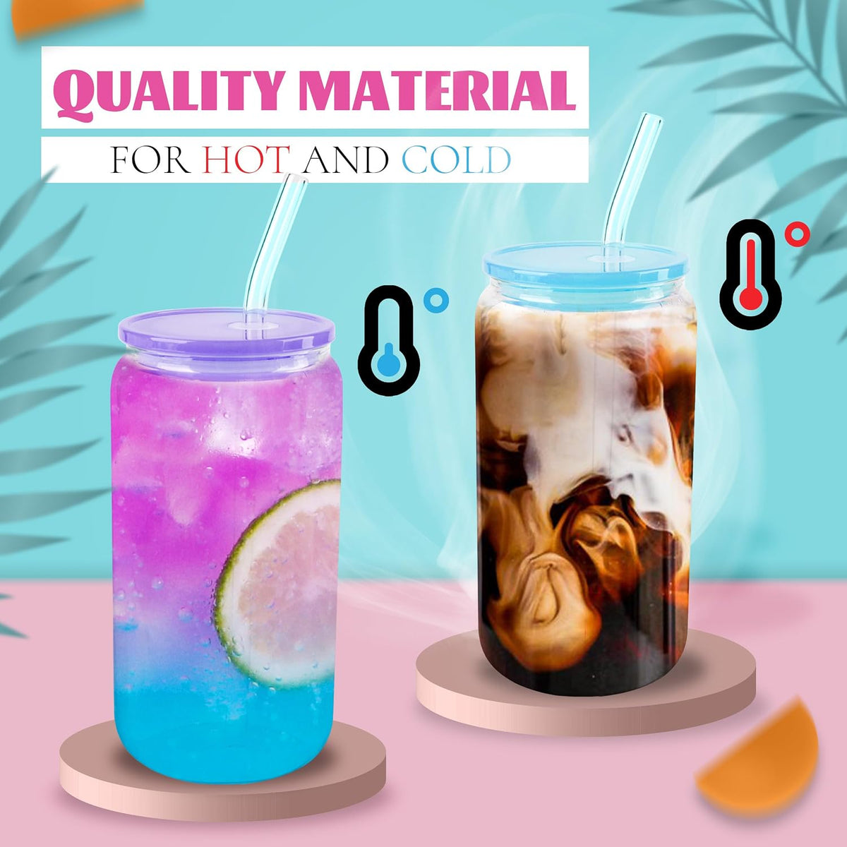 Joyclub 8pcs 16Oz Glass Cups with Acryic Lids and Straws Drinking Glasses