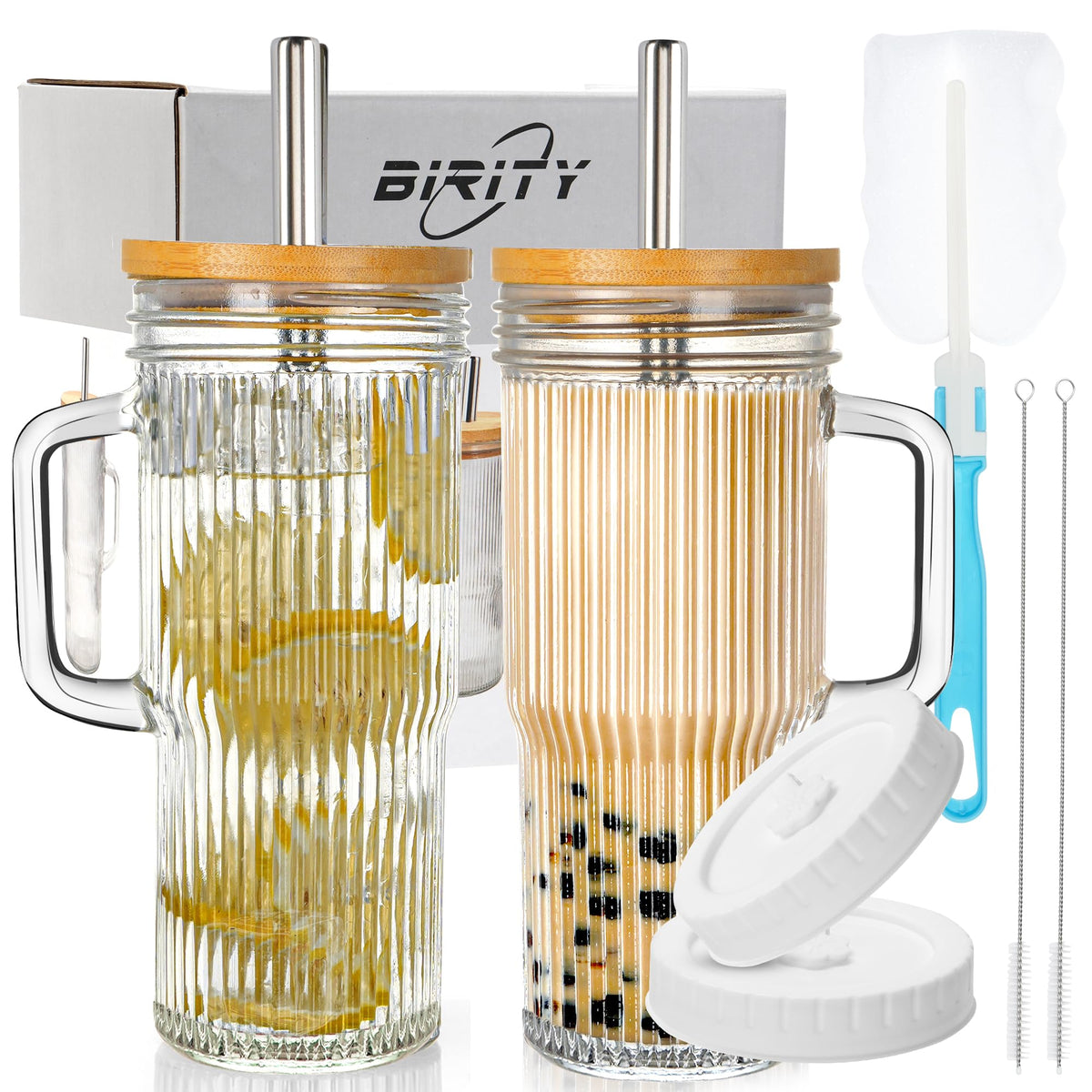 Birity 24oz Glass Tumbler with/Lid & Straw, Handle 2‑Pack Iced Coffee Cups
