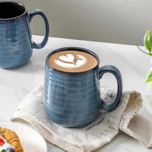 HASENSE Coffee Mugs Set of 4, 15 Ounce Ceramic Coffee Cups with Handle, Large Mug Set for Latte, Tea, Chocolate, Modern Cup Gift for Men and women, Dishwasher & Microwave Safe(Blue)