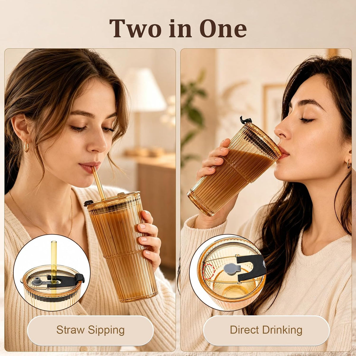 20oz Iced Coffee Cup, Ribbed Glass Tumbler with Straw and Lid