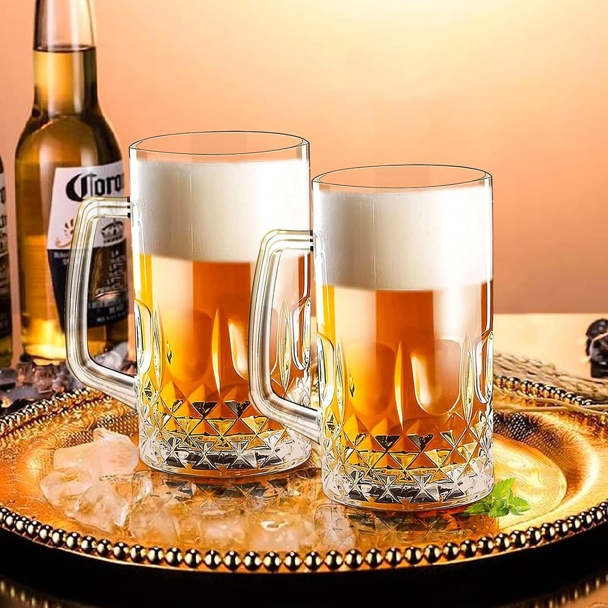 32 Ounces Beer Stein Mugs - 2 Pack Extra Large German Style Clear Tall Beer Glasses for Men - Heavy Duty Thick Glass With Handle