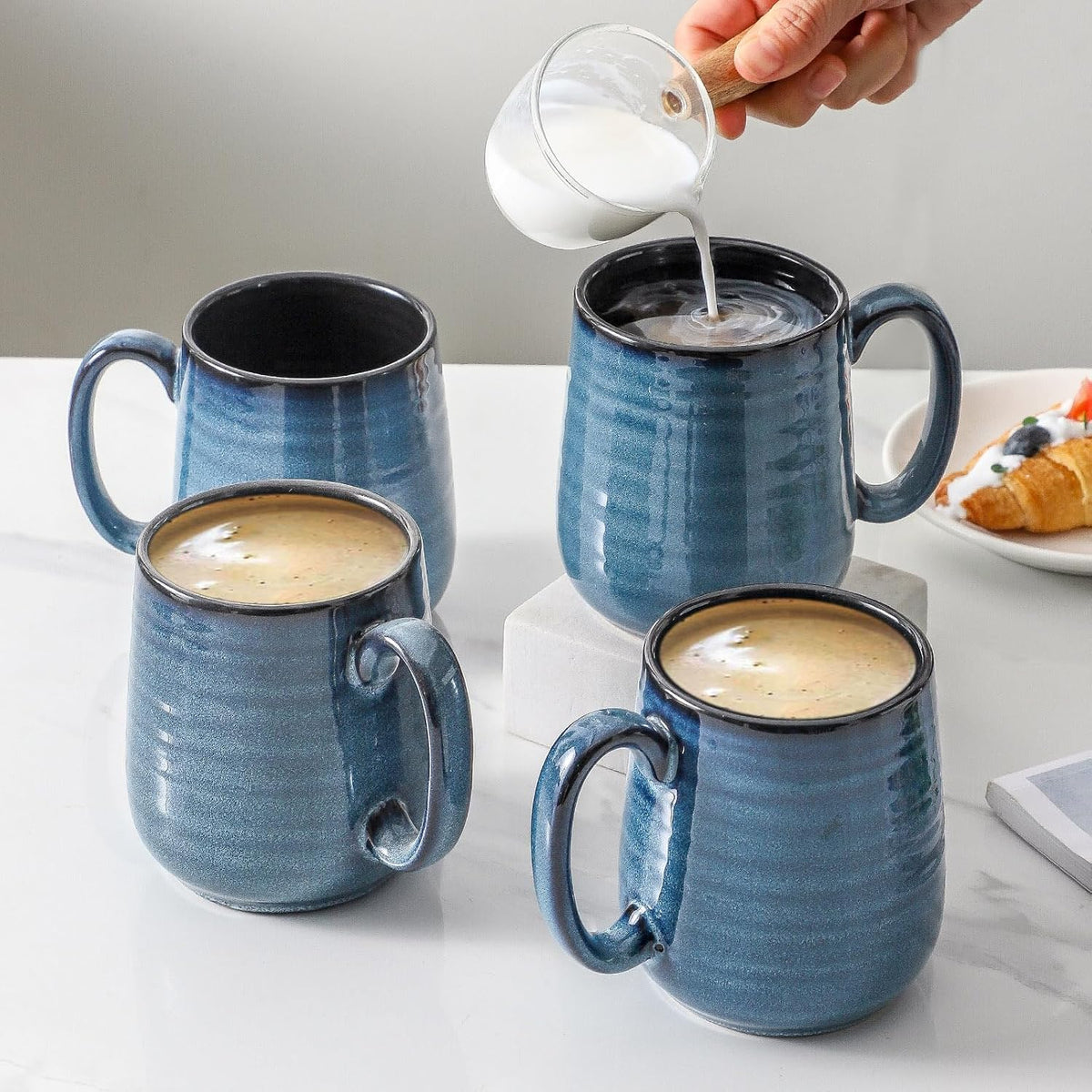 HASENSE Coffee Mugs Set of 4, 15 Ounce Ceramic Coffee Cups with Handle, Large Mug Set for Latte, Tea, Chocolate, Modern Cup Gift for Men and women, Dishwasher & Microwave Safe(Blue)