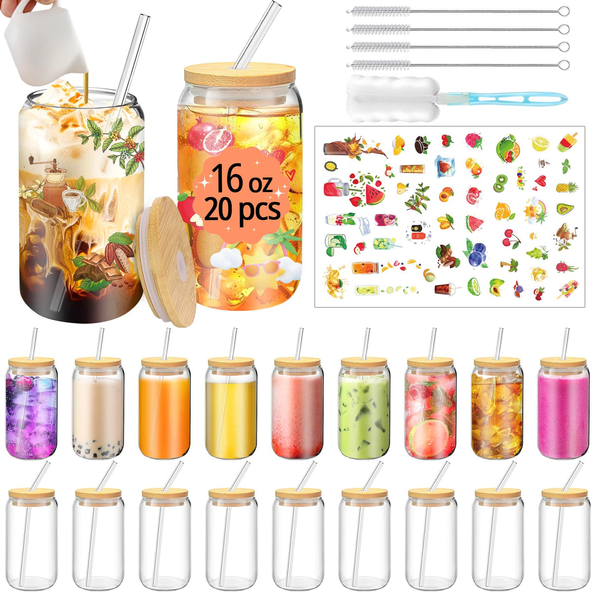 PeacePeo 16 OZ Glass Cups with Lids and Straws 20 Pack