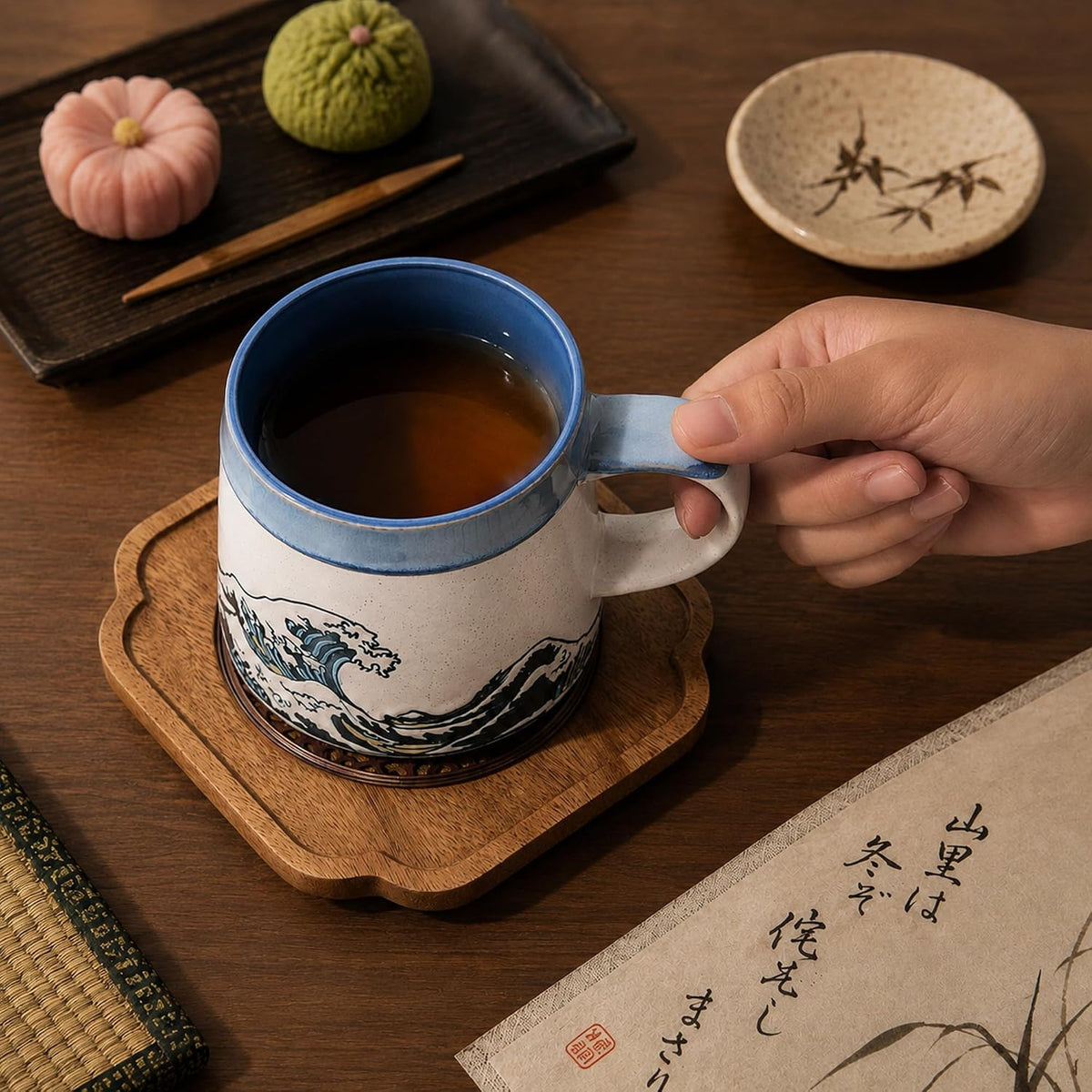 BICETTO Japanese Coffee Mug, Ukiyo-e Great Wave, Handmade 15oz Ceramic Cup