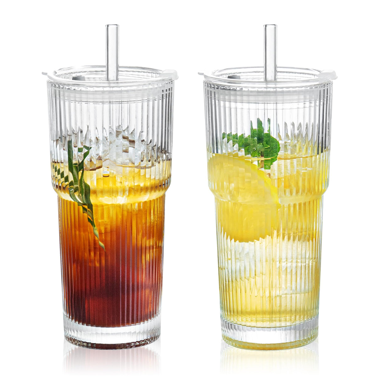 Puraville Glass Cups with Lids and Straws, 20oz, Ribbed Pattern