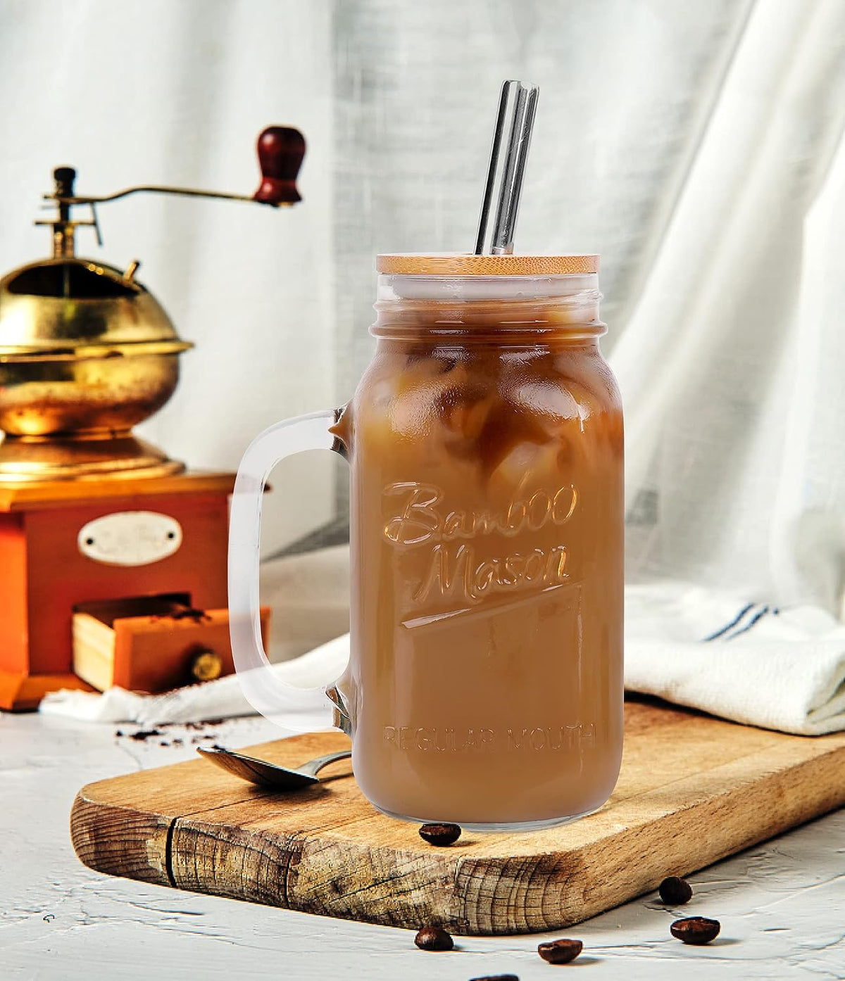 ANOTION Mason Jar with Lid and Straw, 24 oz Regular Mouth Mason Jars with Handle Drinking Glasses Tumbler Reusable Cups Smoothie Water Bottles for Iced Coffee Classic