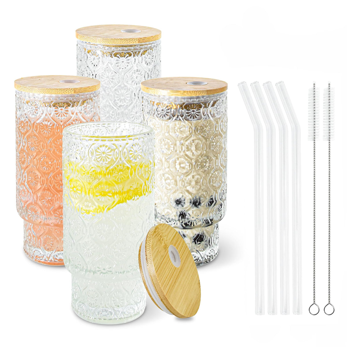 Hobnail Glass Cups with Lids and Straws 16 oz Drinking Glasses