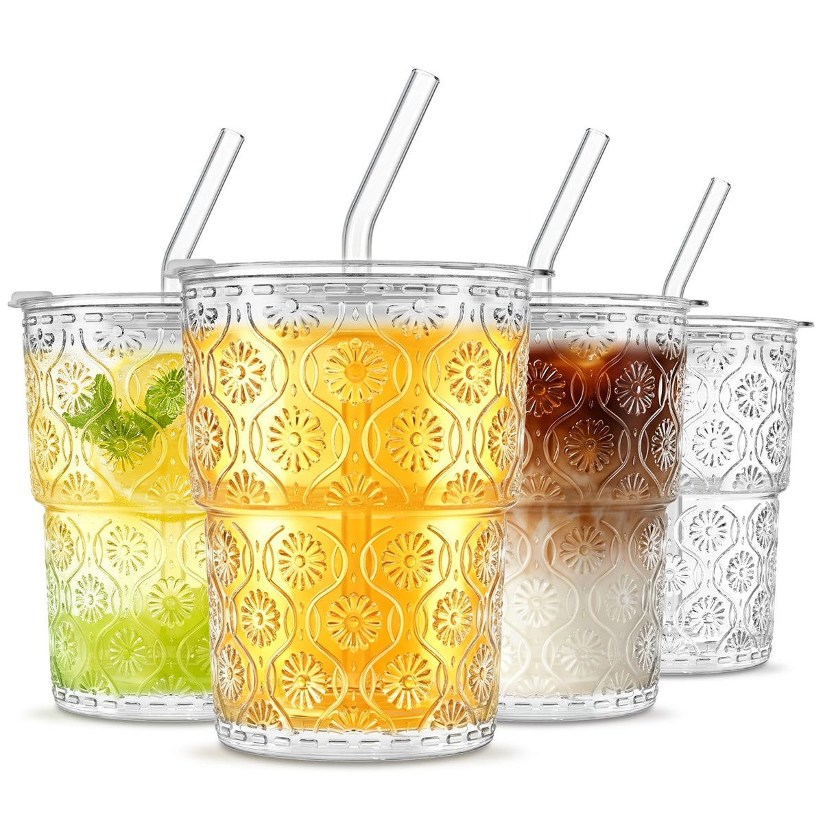 INSETLAN 20 oz Iced Coffee Cups with Lids and Straw, Set of 4 Glass Tumbler