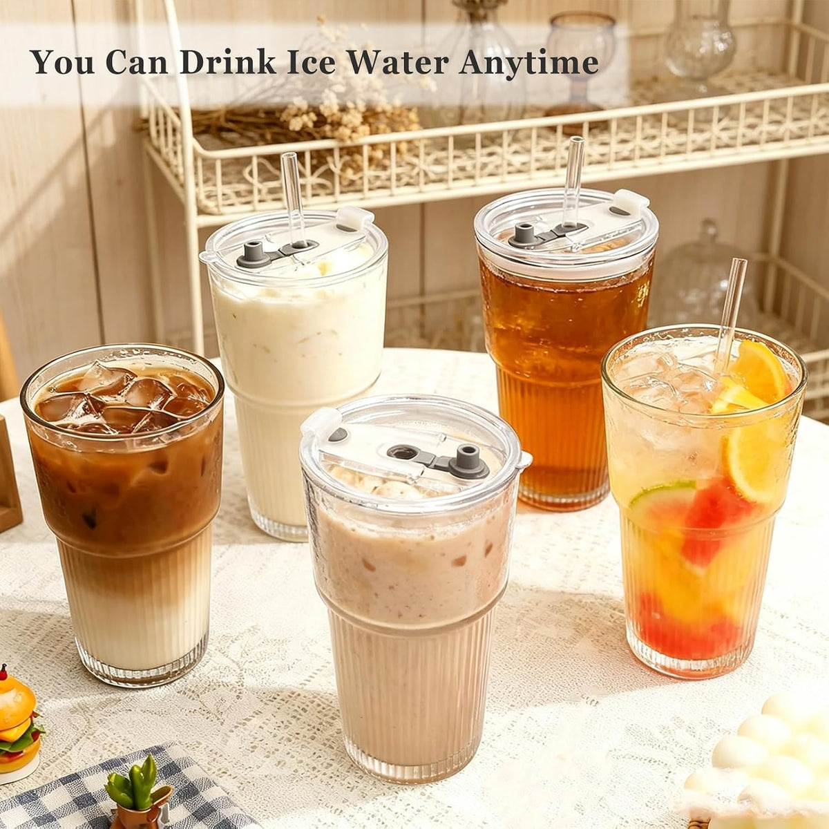 20oz Glass Cups with Lids and Straws: Iced Coffee Tumbler with Lids, Reusable Thick Drinking Ribbed to Go Glasses Matcha Cup for Juice, Smoothies, Cold Beverages with Clean Brush,2 PCS