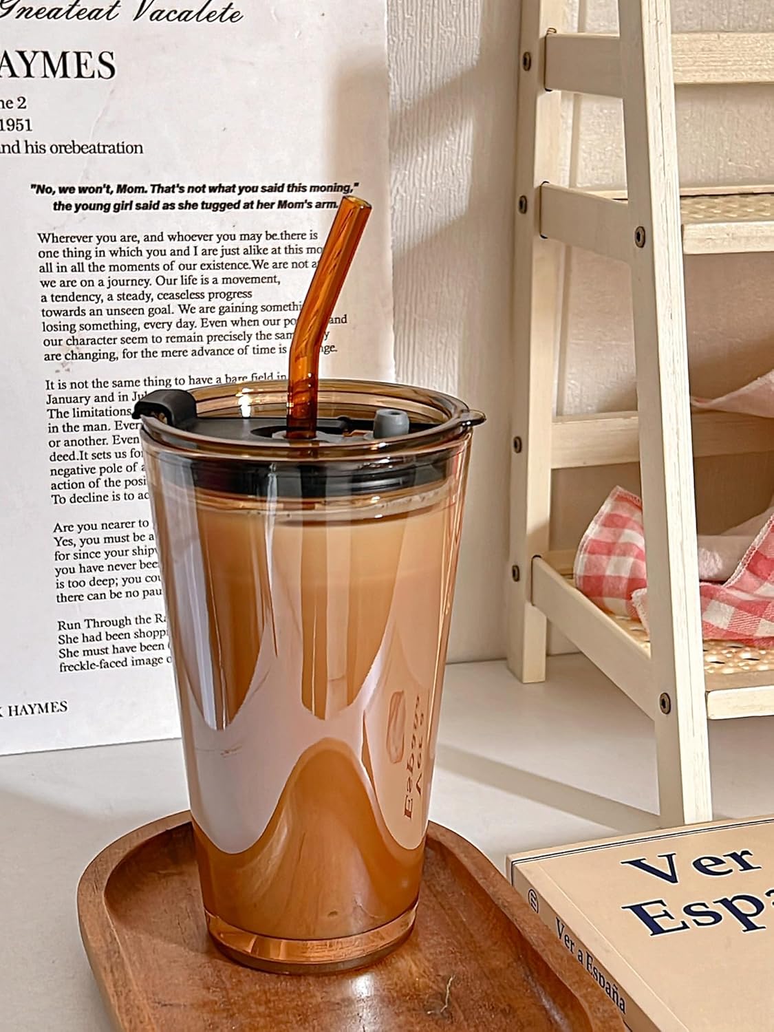 Olvini 15oz Glass Tumbler with Straw and Lid, Cute Iced Coffee Cups, Aesthetic Glass Cups, Coffee Tumbler, Water Cup, Matcha Cup, Drinking Glasses (Amber)