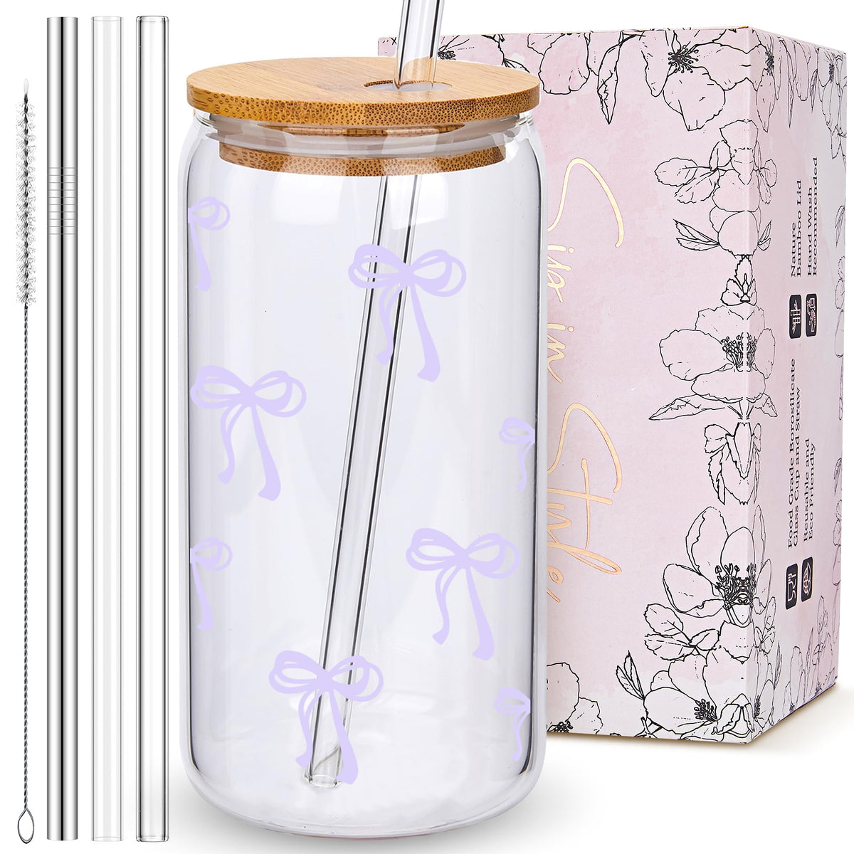 Coquette Cute Pink Bow Glass Cups with Lids and Straws, Aesthetic Iced Coffee Matcha Cup, Girly Preppy Design Tumbler Mug, Valentines Christmas Birthday Gifts for Women, Teen Girl Gifts Trendy Stuff