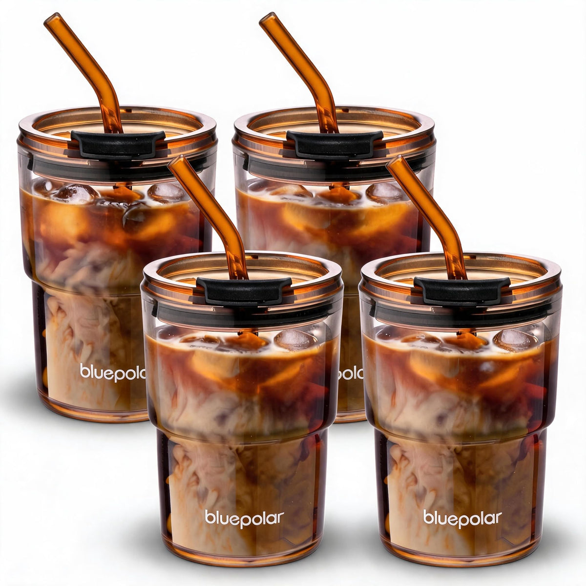 BLUEPOLAR 13oz/400ml Iced Coffee Cups with Lids and Straw，Sealed Carry On Thick Wall Glass Matcha Tumbler for Juice，Water, Late,Tea Fits Car Cup Holders for Office，Gym(Aurora White