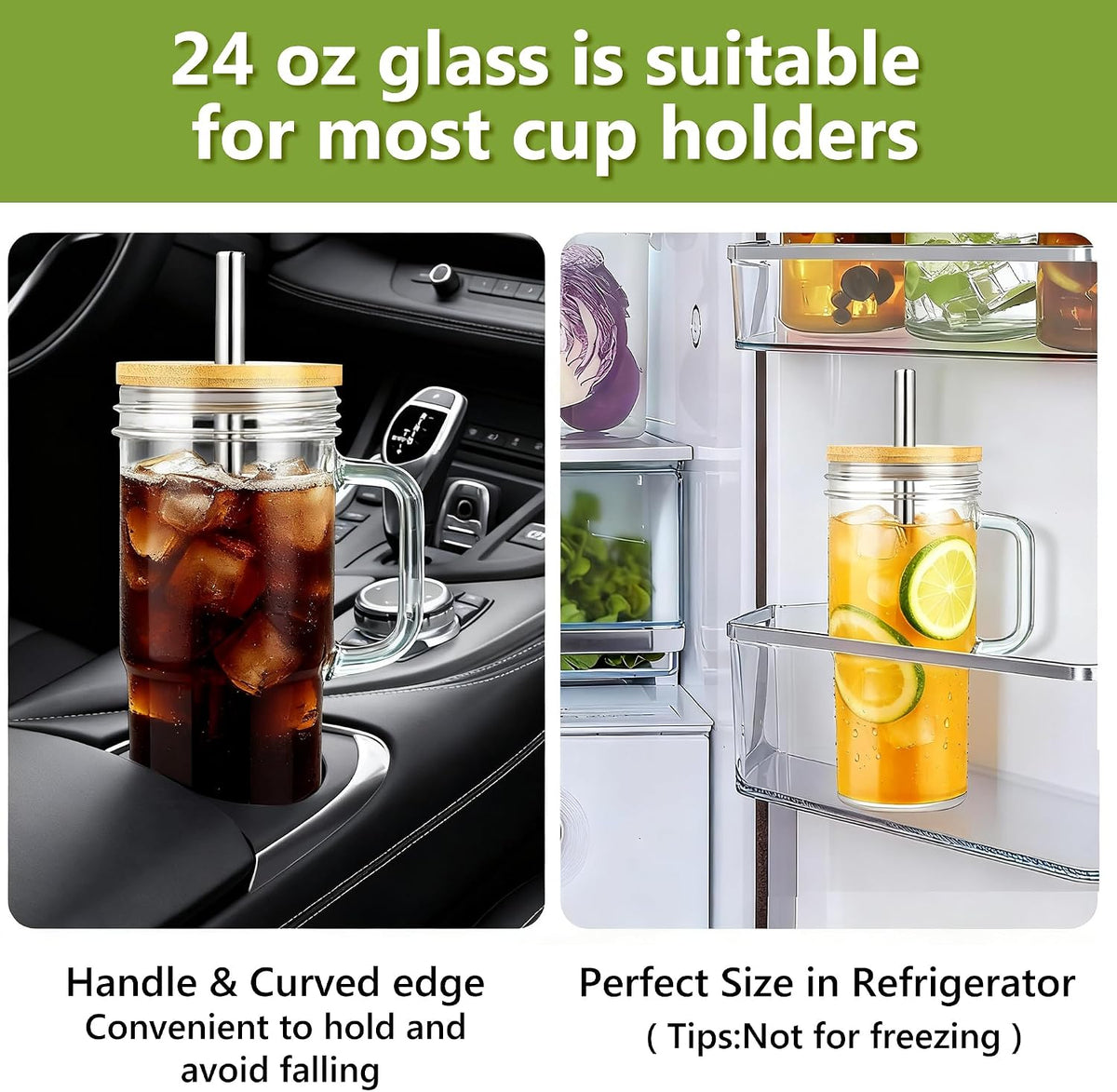 Birity 24oz Glass Tumbler with/Lid & Straw, Handle 2‑Pack Iced Coffee Cups