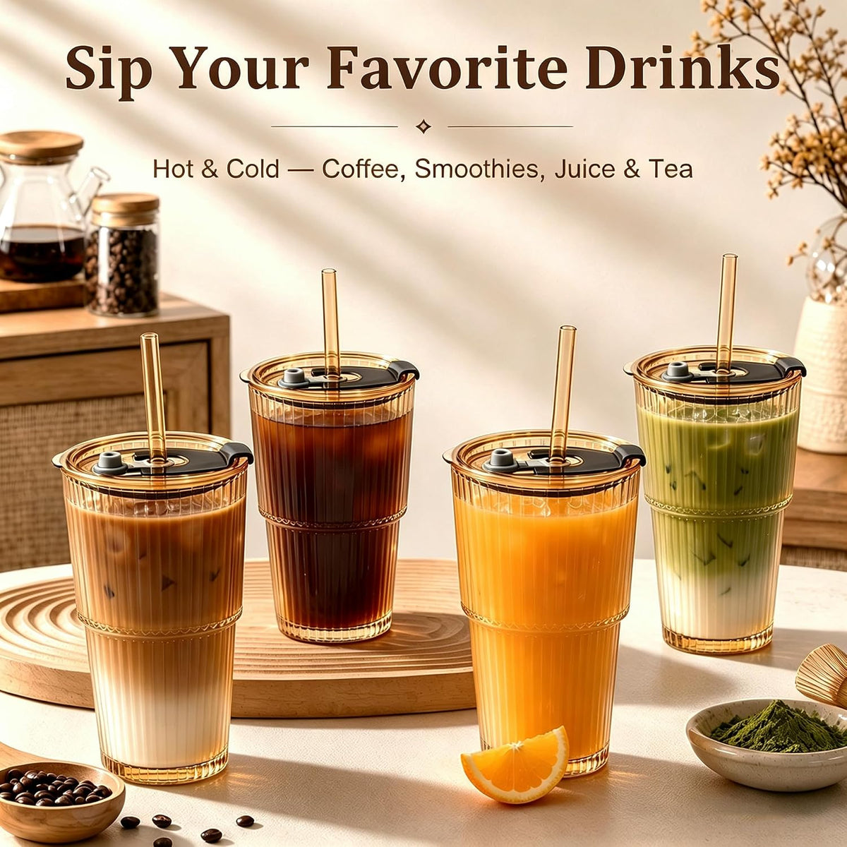 20oz Iced Coffee Cup, Ribbed Glass Tumbler with Straw and Lid