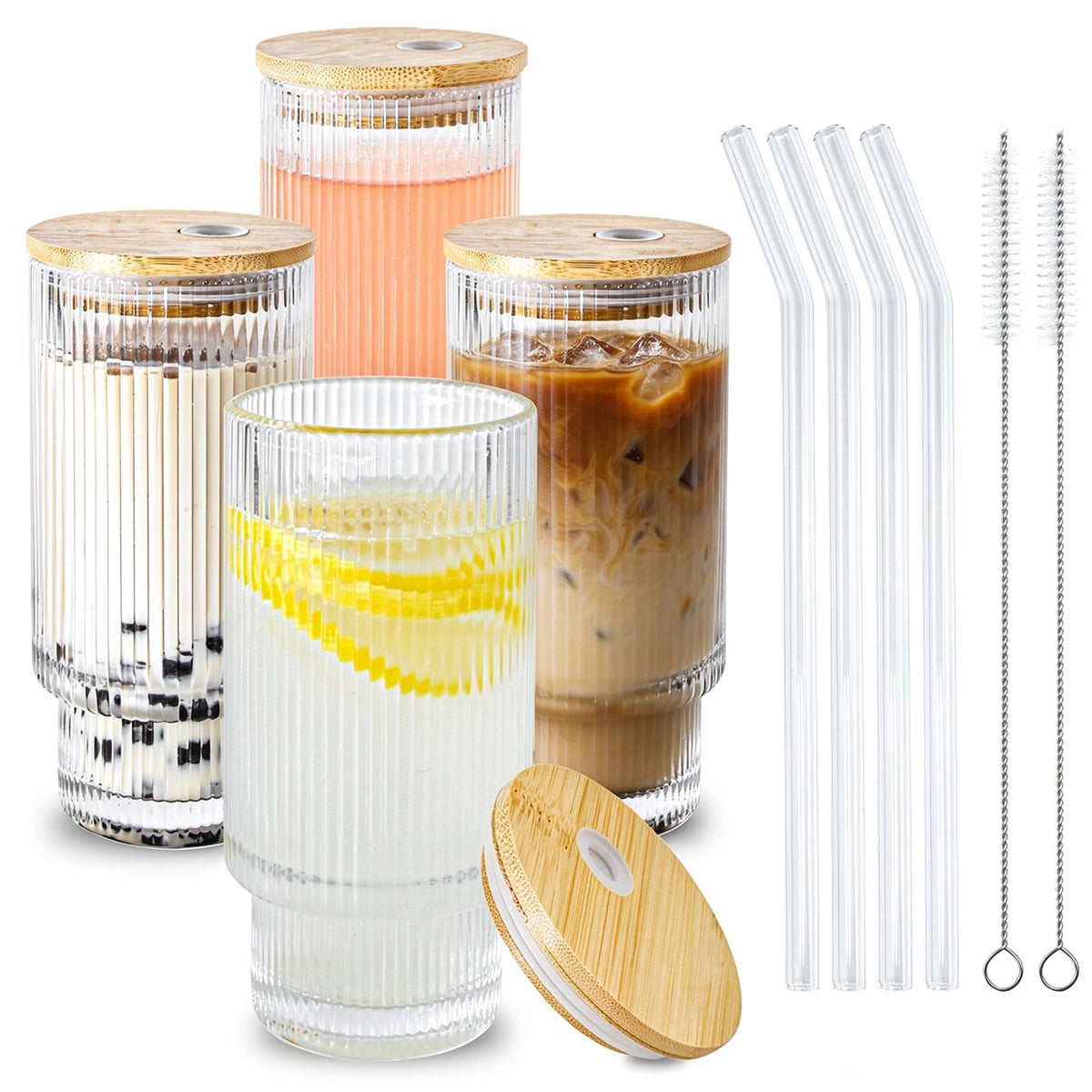 Hobnail Glass Cups with Lids and Straws 16 oz Drinking Glasses