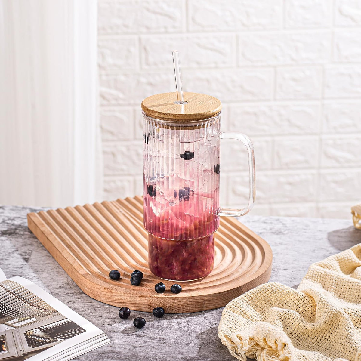 32oz Ribbed Glass Cup with Handle Bamboo Lid and Straw, Glass Tumbler, Iced Coffee Cups Hot/Cold Drinks