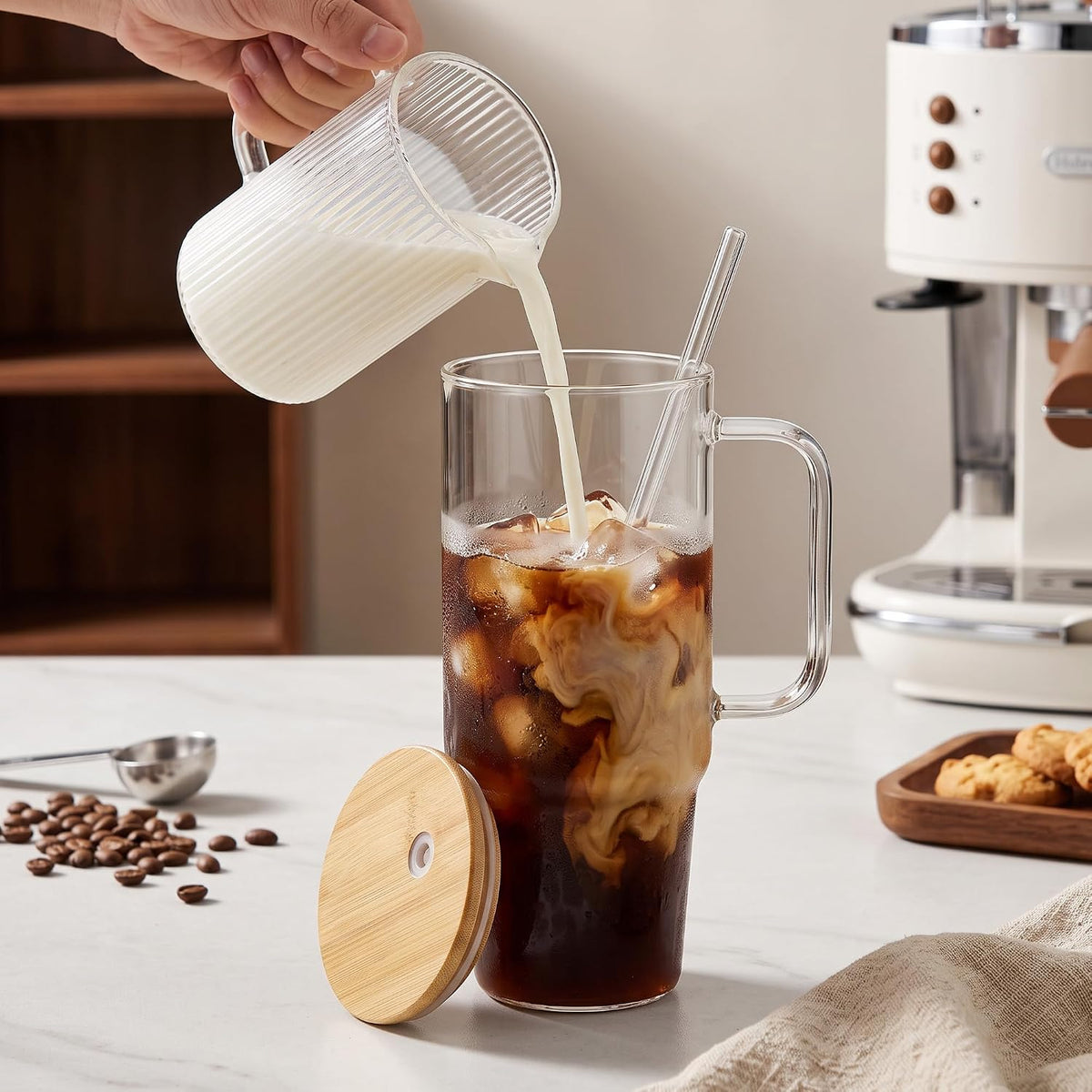 Glass Tumbler with Handle, 40 oz, 2 Pack, with Plastic Lid
