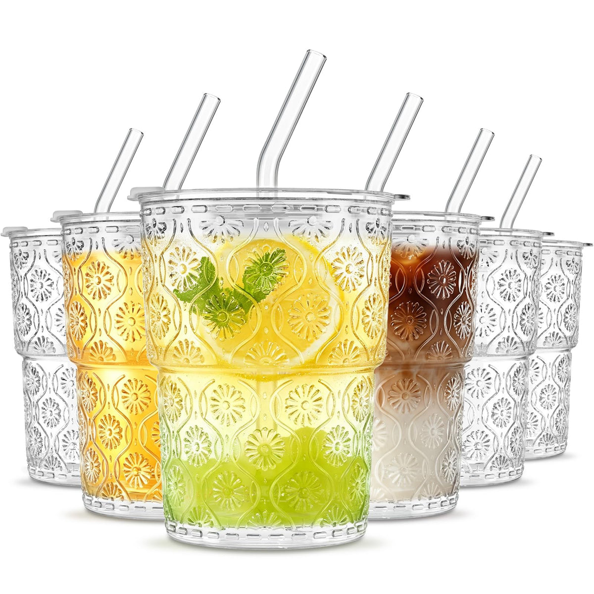 INSETLAN 20 oz Iced Coffee Cups with Lids and Straw, Set of 4 Glass Tumbler