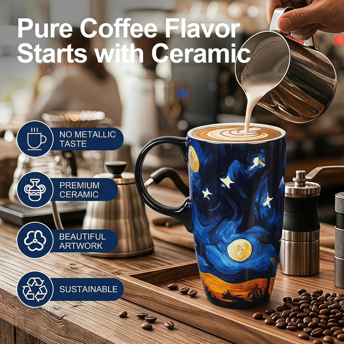 Topadorn 17oz Ceramic Travel Mug with Lid, Starry Night Inspired Coffee Mug
