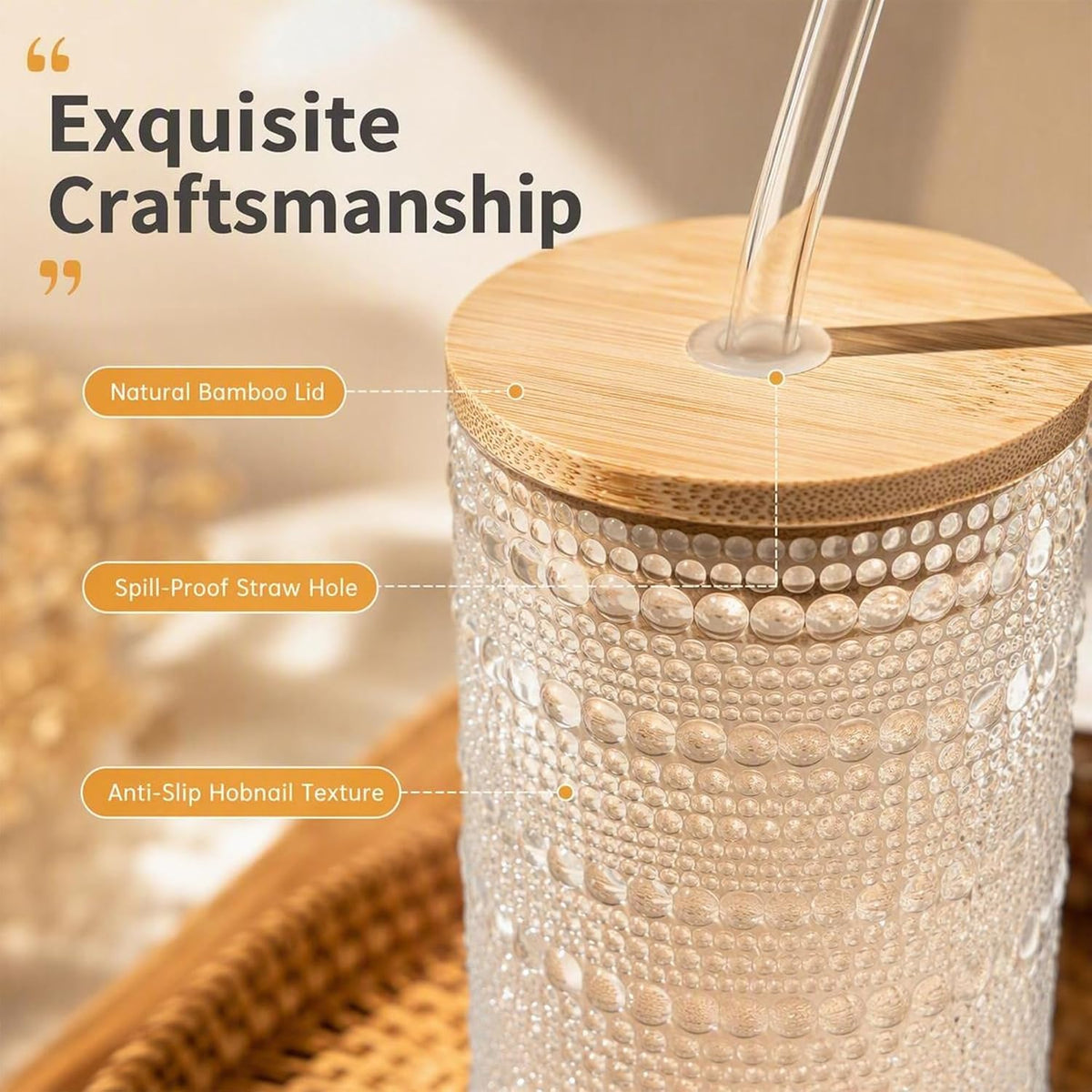 Hobnail Glass Cups with Lids and Straws 16 oz Drinking Glasses
