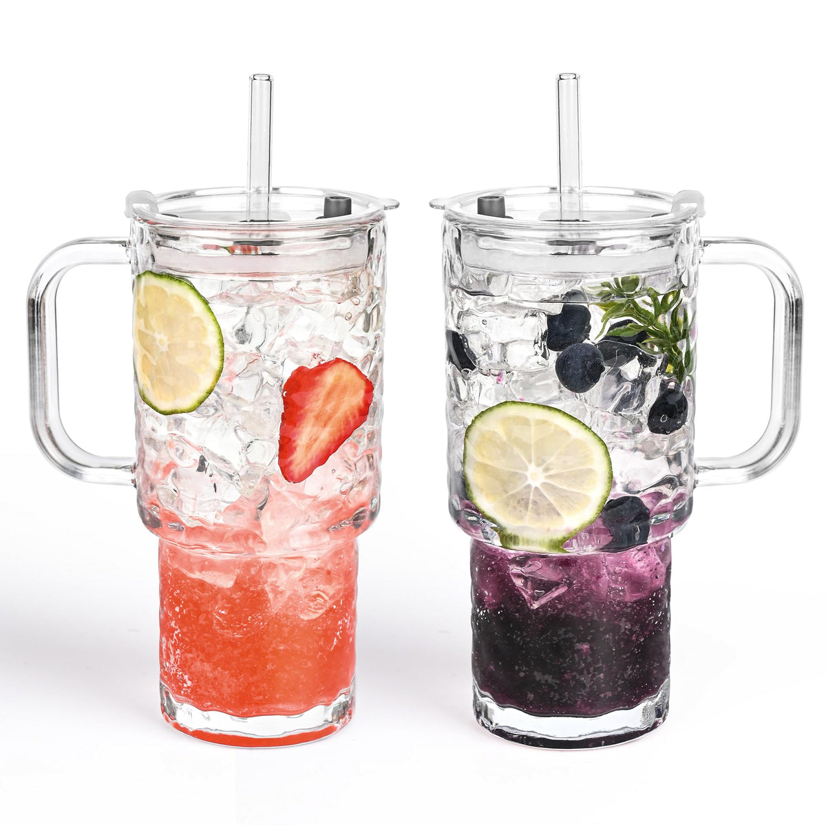 17oz Glass Tumbler with Handle & Lid – 2-Pack Iced Coffee Cups with Straws, Glass Mug for Cold & Hot Beverages Travel Cup for Smoothies, Tea, and Juice (clear-Glacial pattern-2pack)