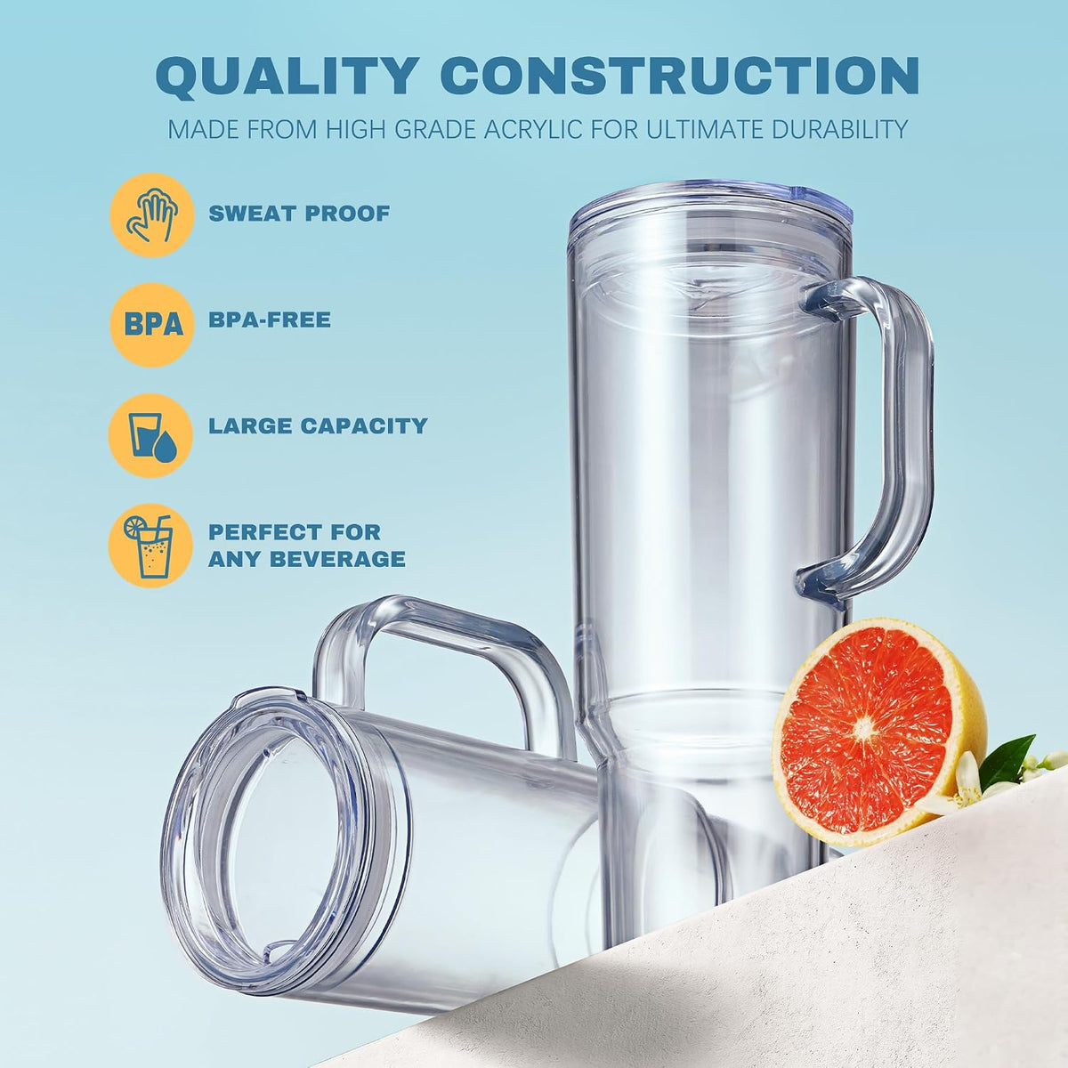 MEWAY 40 oz Acrylic Tumbler with Handle and Straw Lid，Double Wall Vacuum Reusable plastic Water Bottle Travel Mug Cup，Classic Tumblers Cupholder Friendly (2 Pack)