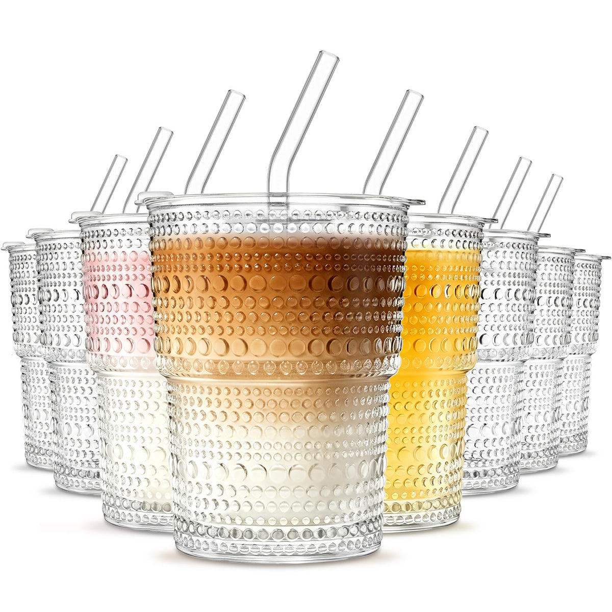 INSETLAN 20 oz Hobnail Glass Cups with Lids and Glass Straws – 4 Pieces, Thick-Walled Glass Tumblers for Iced Coffee, Smoothies, Milk, Water, Juice, and More – Elegant and Durable Drinking Glasses
