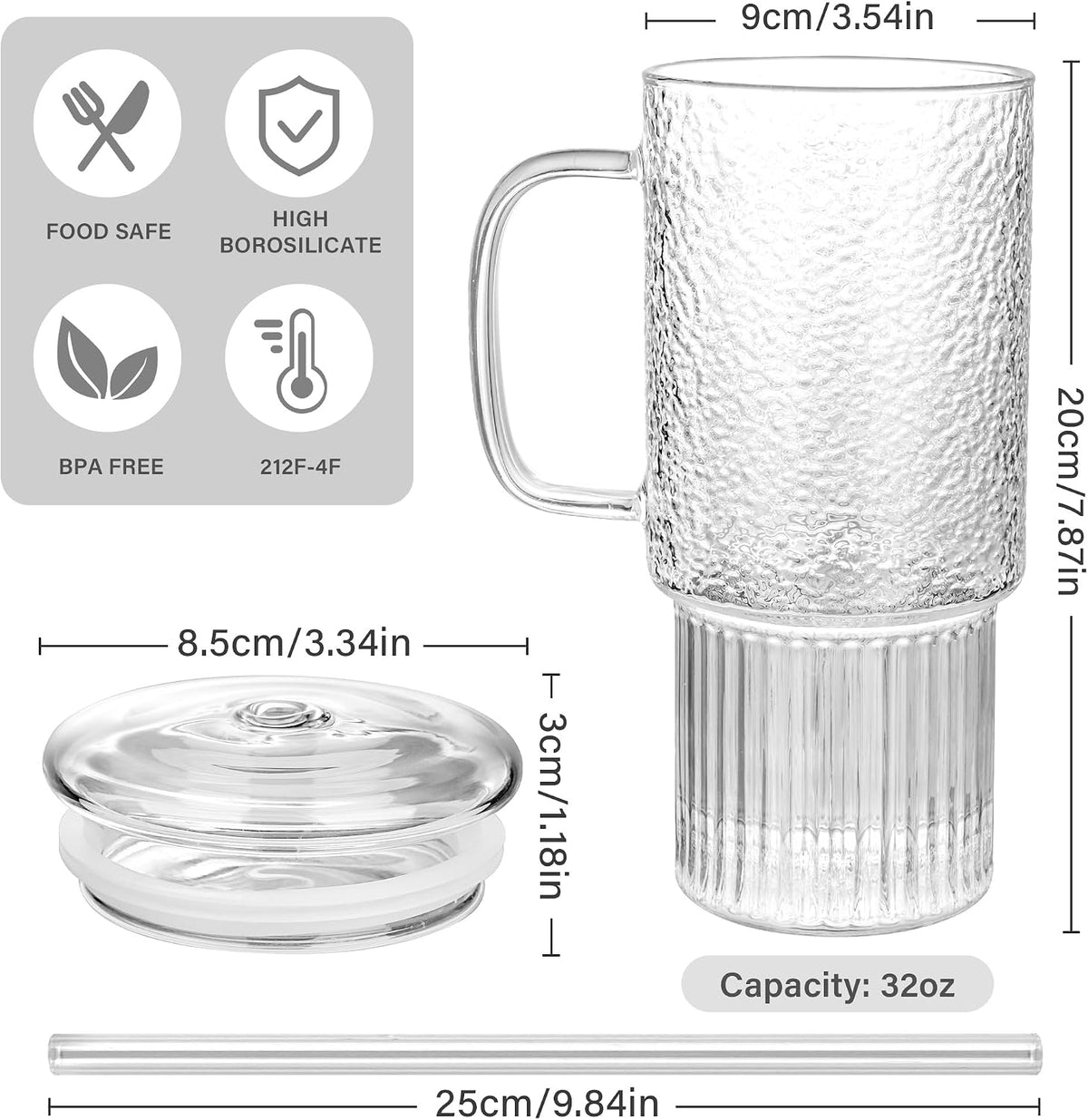32oz Glass Cups with Handle Lids and Straws, Borosilicate Glass Tumblers for Iced Coffee, Smoothies, Fruit Drinks. Reuseable Glasses Cups for Cold/Hot Water (glass lid 1 pack)