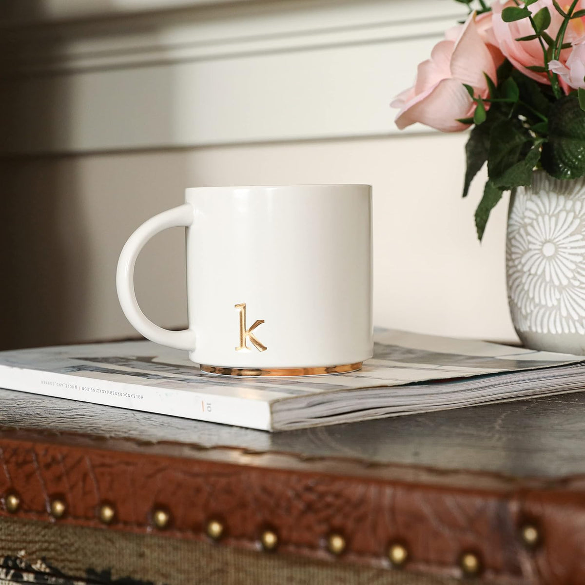 COLLECTIVE HOME Ceramic Coffee Mug, 15 oz Monogram Cup with Gift Box(K)