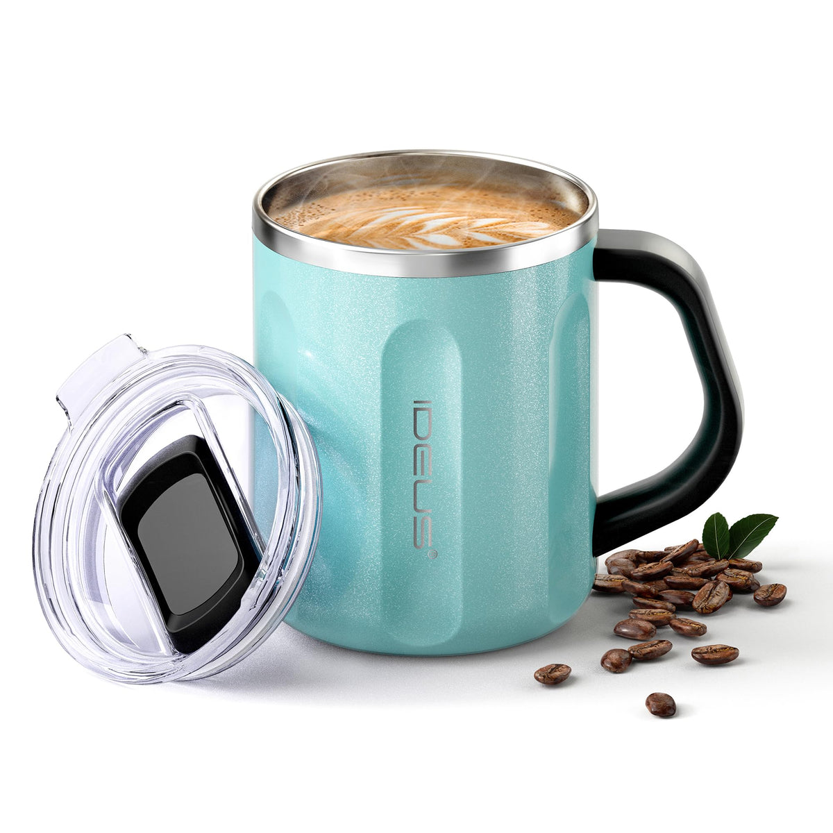 Ideus 16 oz Insulated Coffee Mug with Lid and Handle (Celadon, FUJI DAWN)