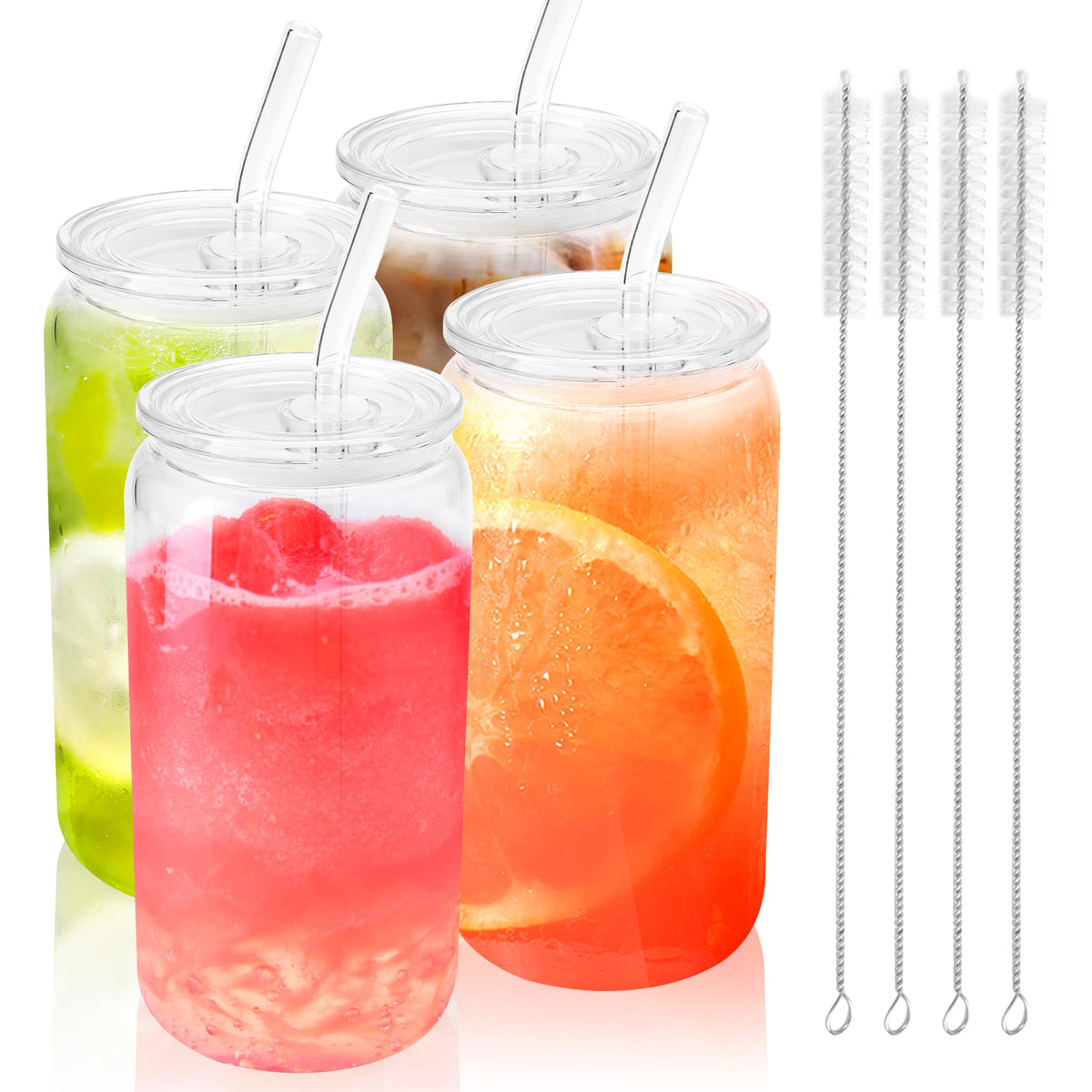 Joyclub 8pcs 16Oz Glass Cups with Acryic Lids and Straws Drinking Glasses