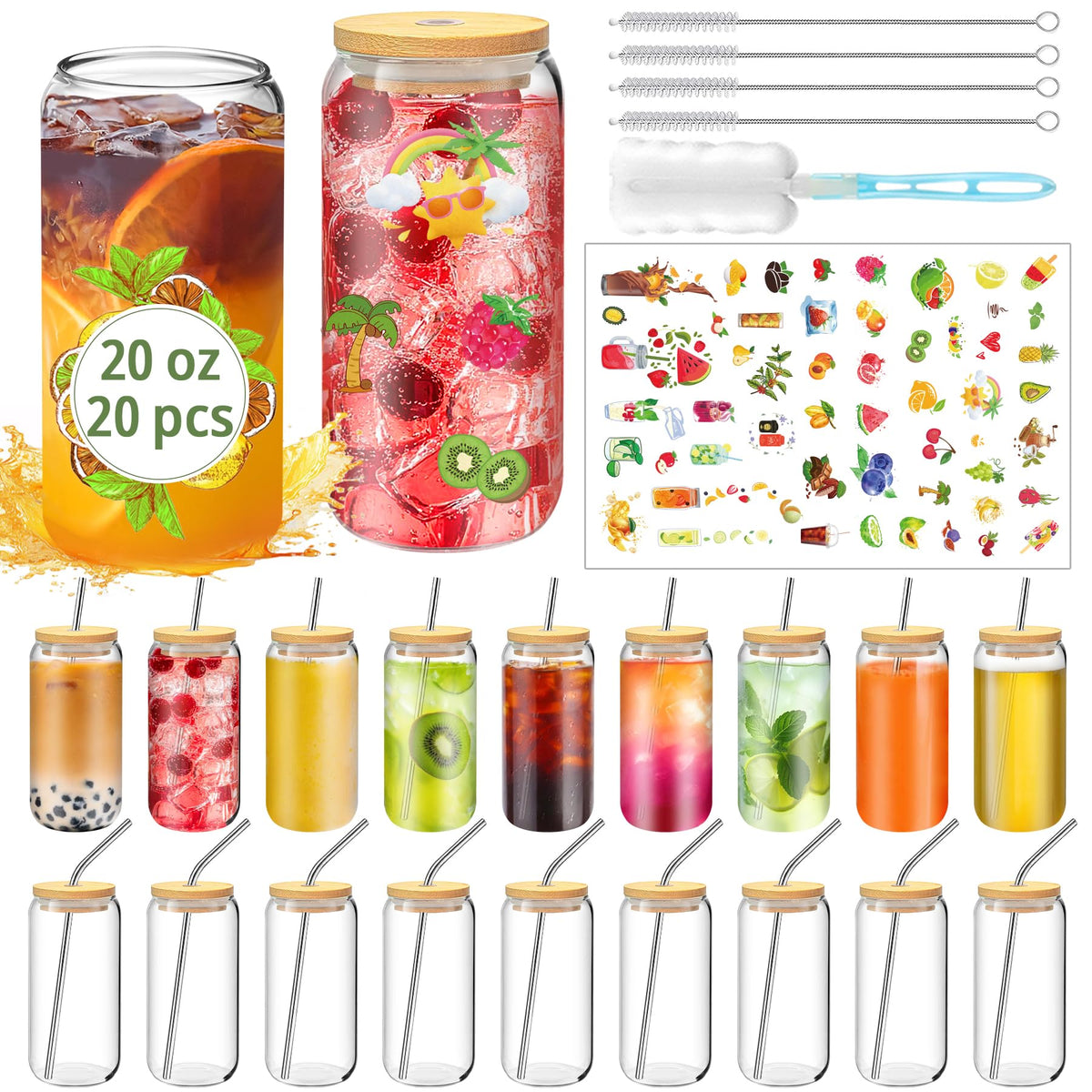 PeacePeo 16 OZ Glass Cups with Lids and Straws 20 Pack