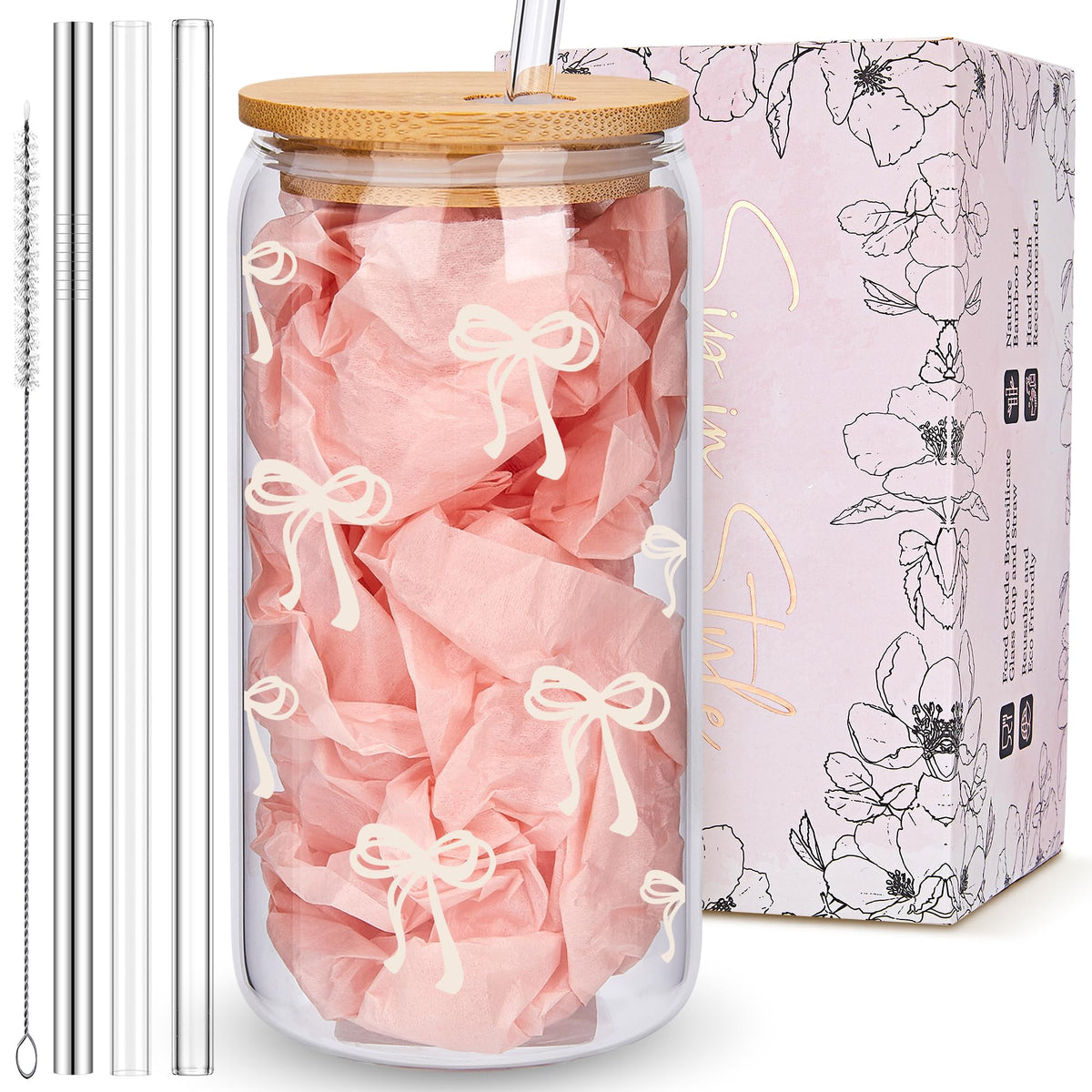 Coquette Cute Pink Bow Glass Cups with Lids and Straws, Aesthetic Iced Coffee Matcha Cup, Girly Preppy Design Tumbler Mug, Valentines Christmas Birthday Gifts for Women, Teen Girl Gifts Trendy Stuff