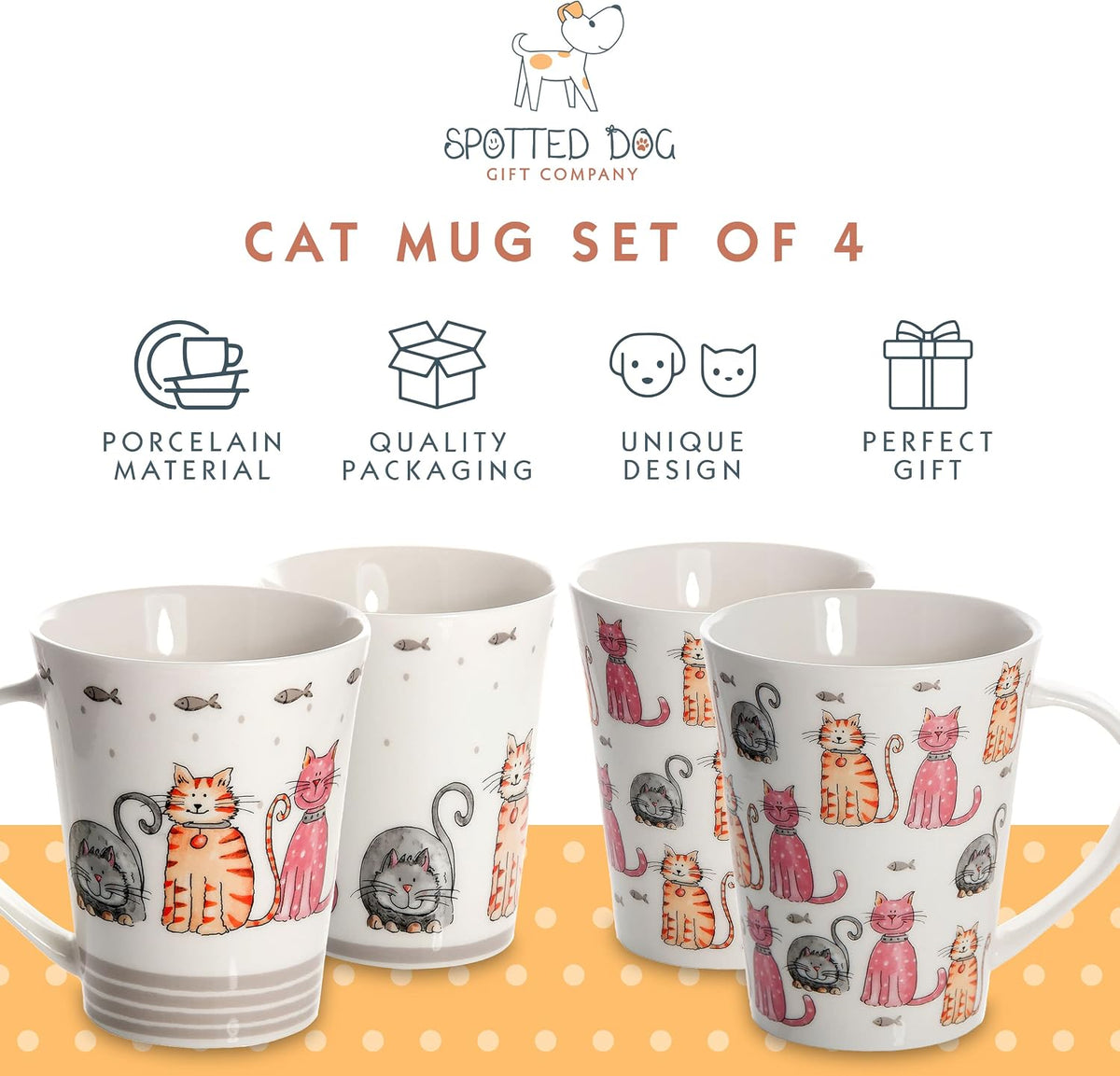SPOTTED DOG GIFT COMPANY Cat Mugs, 12.2 oz Coffee Mug Set of 4, Happy Cats Themed Ceramic Tea Cups, Microwave & Dishwasher Safe, Cute Cat Gifts for Women and Animal Lovers