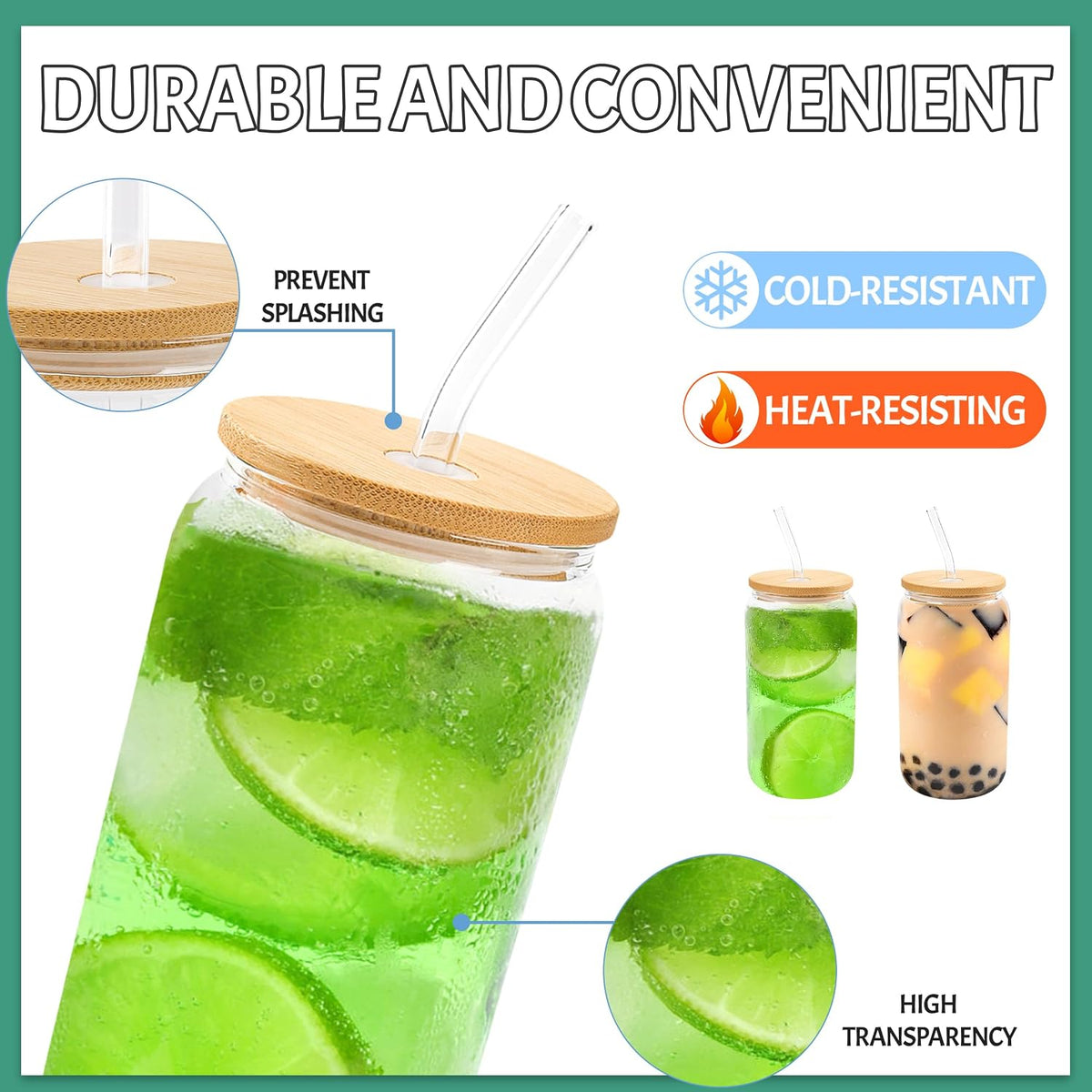 Joyclub 12Pcs Glass Cups with Bamboo Lids and Straws Bulk 16 oz Can Shaped