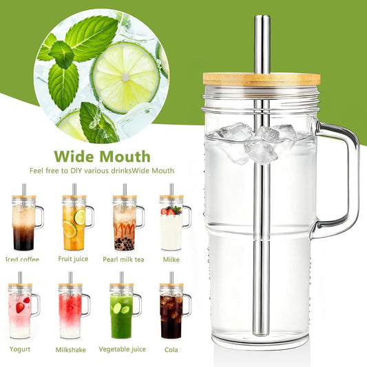 Birity 24oz Glass Tumbler with/Lid & Straw, Handle 2‑Pack Iced Coffee Cups
