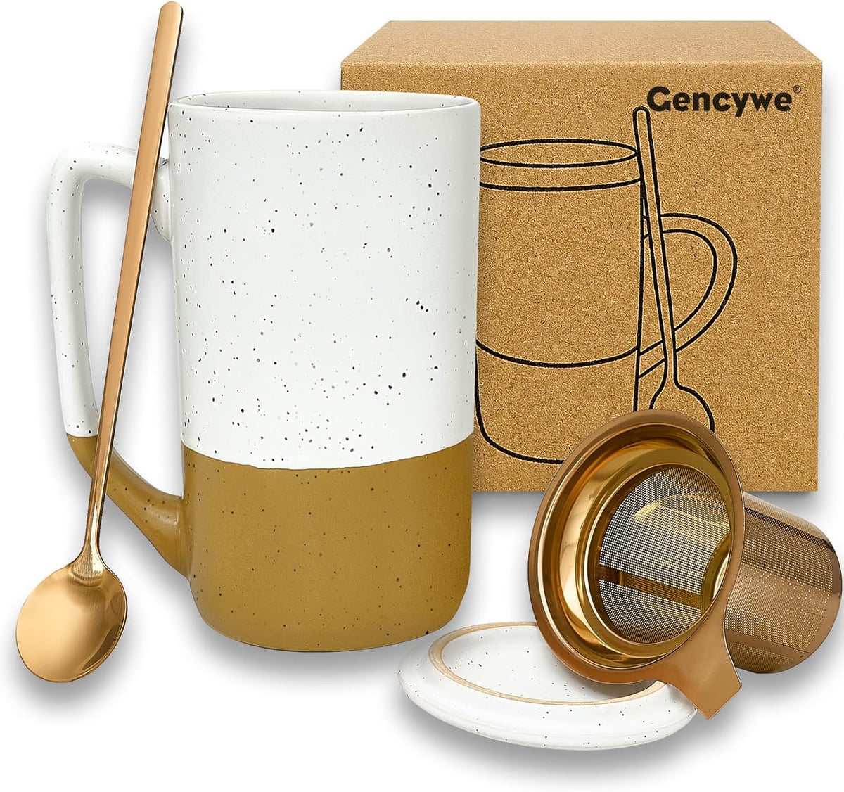 Gencywe Ceramics Large Tea Cup with Loose Leaf Infuser, Spoon and Lid, 16 oz Tall Coffee Mug, Microwave and Dishwasher Safe, Rustic Matte Ceramic Glaze, Tea Strainer, Amber