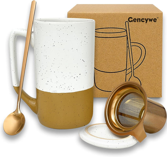 Gencywe Ceramics Large Tea Cup with Loose Leaf Infuser, Spoon and Lid, 16 oz Tall Coffee Mug, Microwave and Dishwasher Safe, Rustic Matte Ceramic Glaze, Tea Strainer, Amber